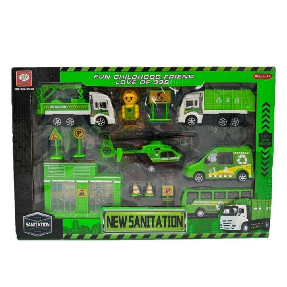 Tinisu Spielzeug-Auto Auto Müllabfuhr Spielzeug Set LKW Baustelle für Kinder 13 Teile, (13-tlg)