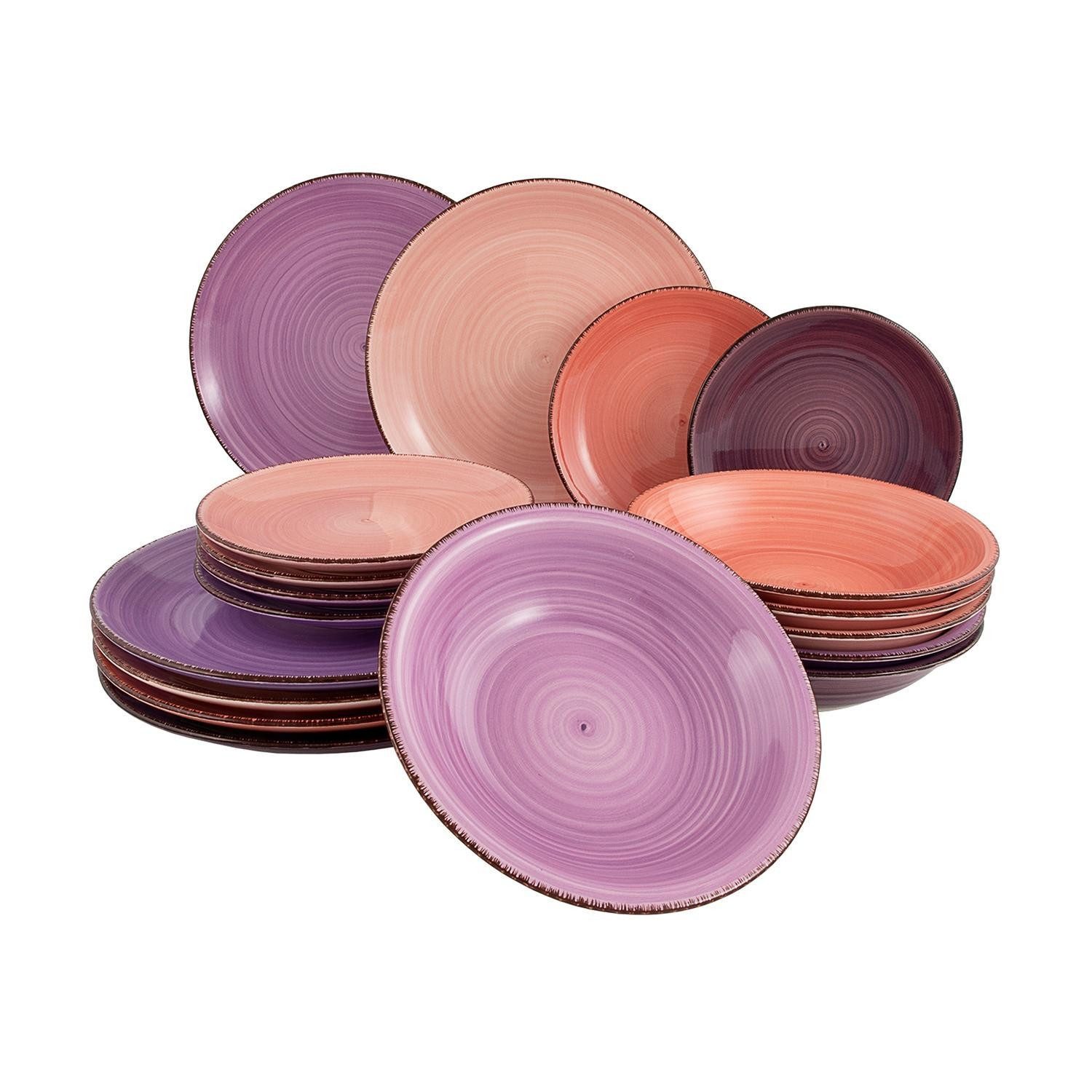 HIT Trading Tafelservice AZURRA, Lila, Rosa, Apricot, mit Effektglasur, (18-tlg), 6 Personen, Keramik, Spülmaschinengeeignet