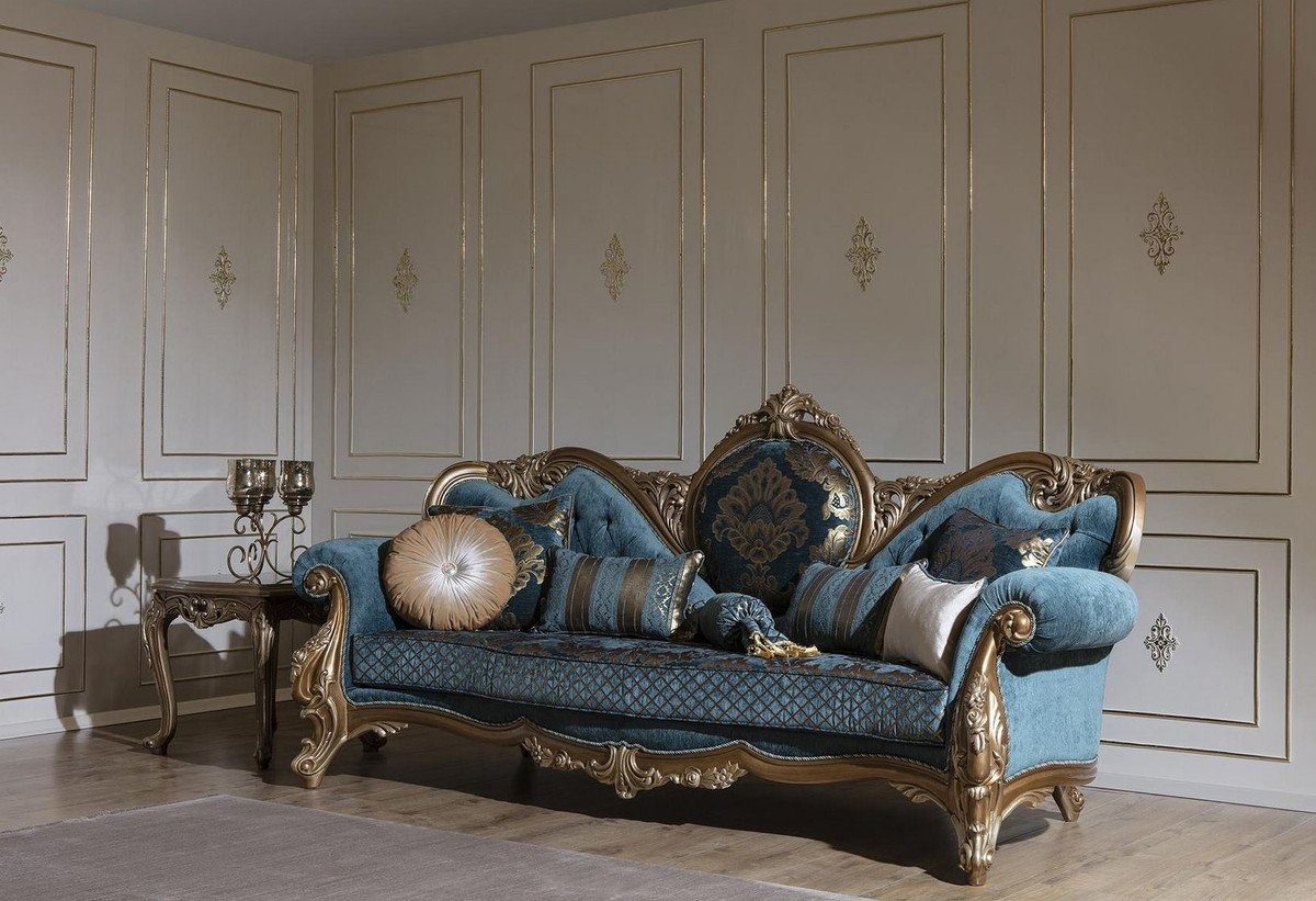 Casa Padrino x Sofa - Sofa und x Wohnzimmer mit Blau Barock Möbel Gold Sofa / H. dekorativen Kissen 90 elegantem Prunkvolles - Barock cm 125 Muster 260 Luxus