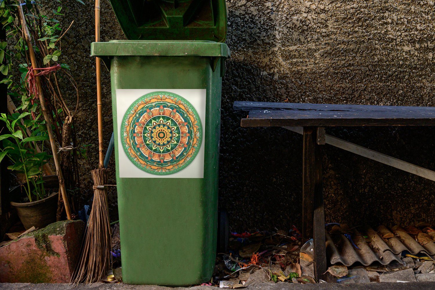 Boho (1 - Blumen Hippie Container, Wandsticker - MuchoWow - - Sticker, St), Mülltonne, Mülleimer-aufkleber, Mandala Abfalbehälter Grün