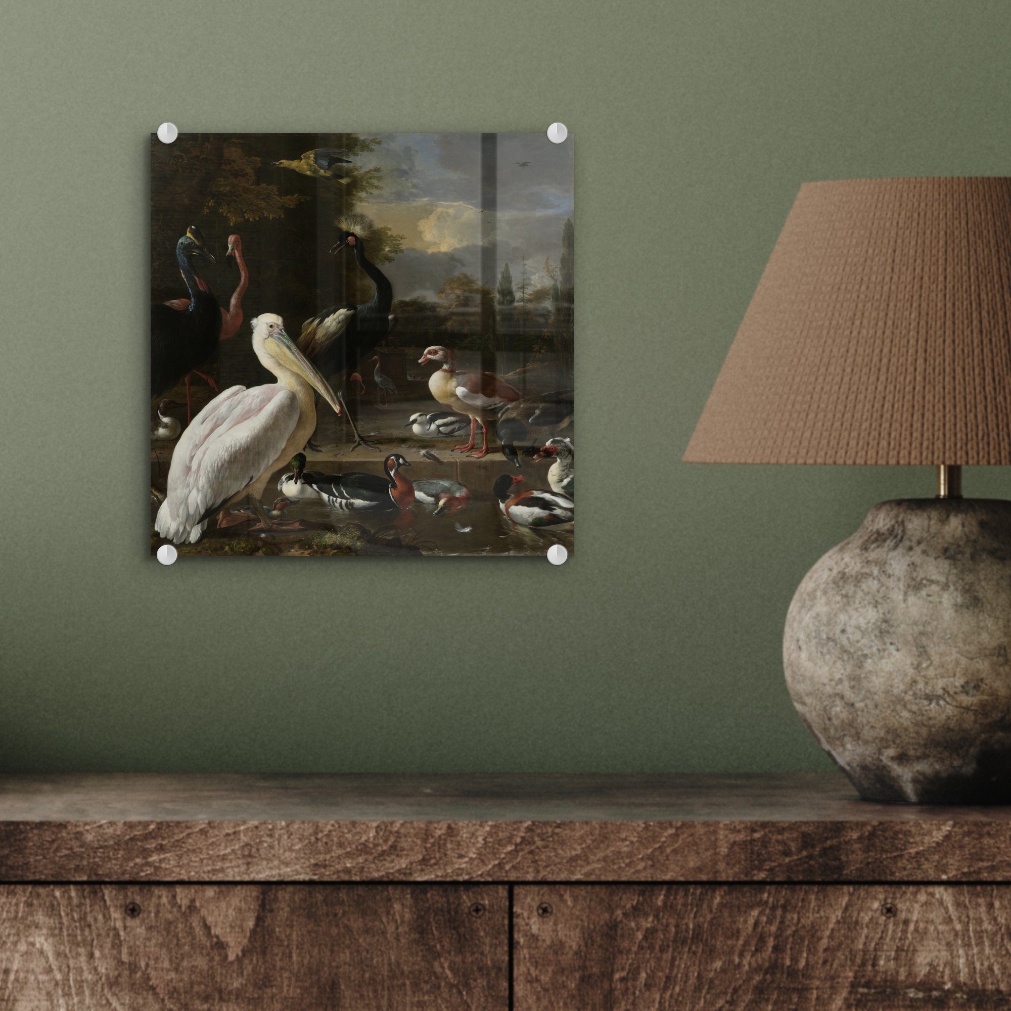 Pelikan Ein Vögel der MuchoWow - Nähe Glasbilder Wandbild - Glas und St), (1 Foto Acrylglasbild Wasserbeckens auf auf eines in Gemälde, Wanddekoration - Glas andere Bilder -