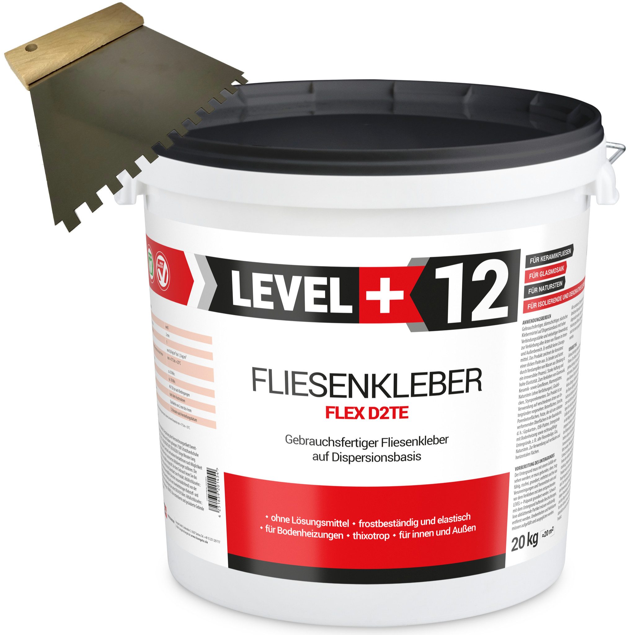 Level+ Montagekleber Fliesenkleber 20KG Fertig Dispersionkleber L+12 + Zahnspachtel 6mm