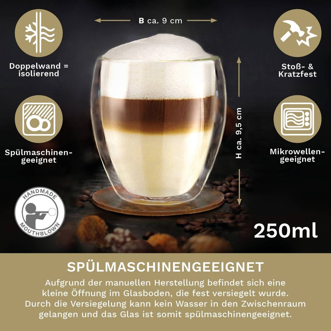 Creano Teeglas Doppelwandige Gläser 250ml „DG-Bauchig“, 2er Set aus Borosilikatglas