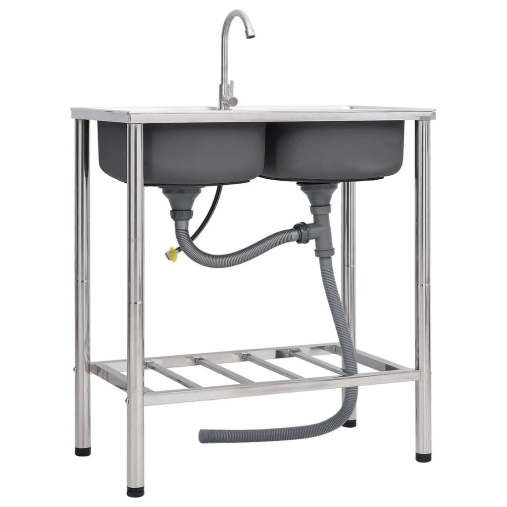 vidaXL Granitspüle Camping-Spüle mit Doppelbecken und Wasserhahn Edelstahl, 43/78 cm