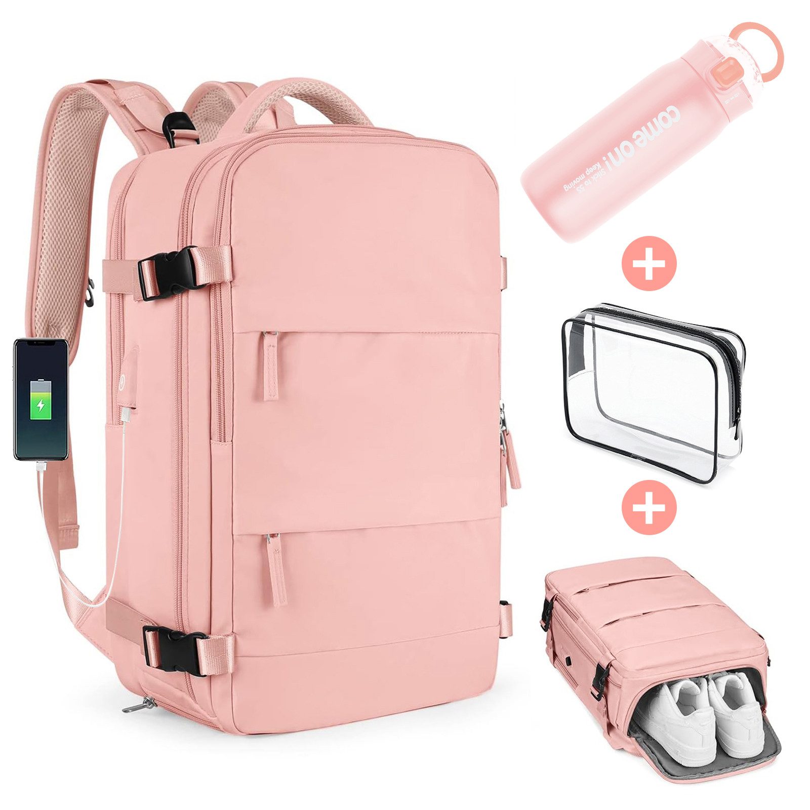 INTEBIKI Reiserucksack Lässiger Rucksack Damen und Herren (Reiserucksack Wasserdicht groß mit USB-Lade-Anschluss für 15,6" laptop Combo Edelstahl Thermobecher 500ml), Airline Approved, Bonus: PVC-Kulturbeutel