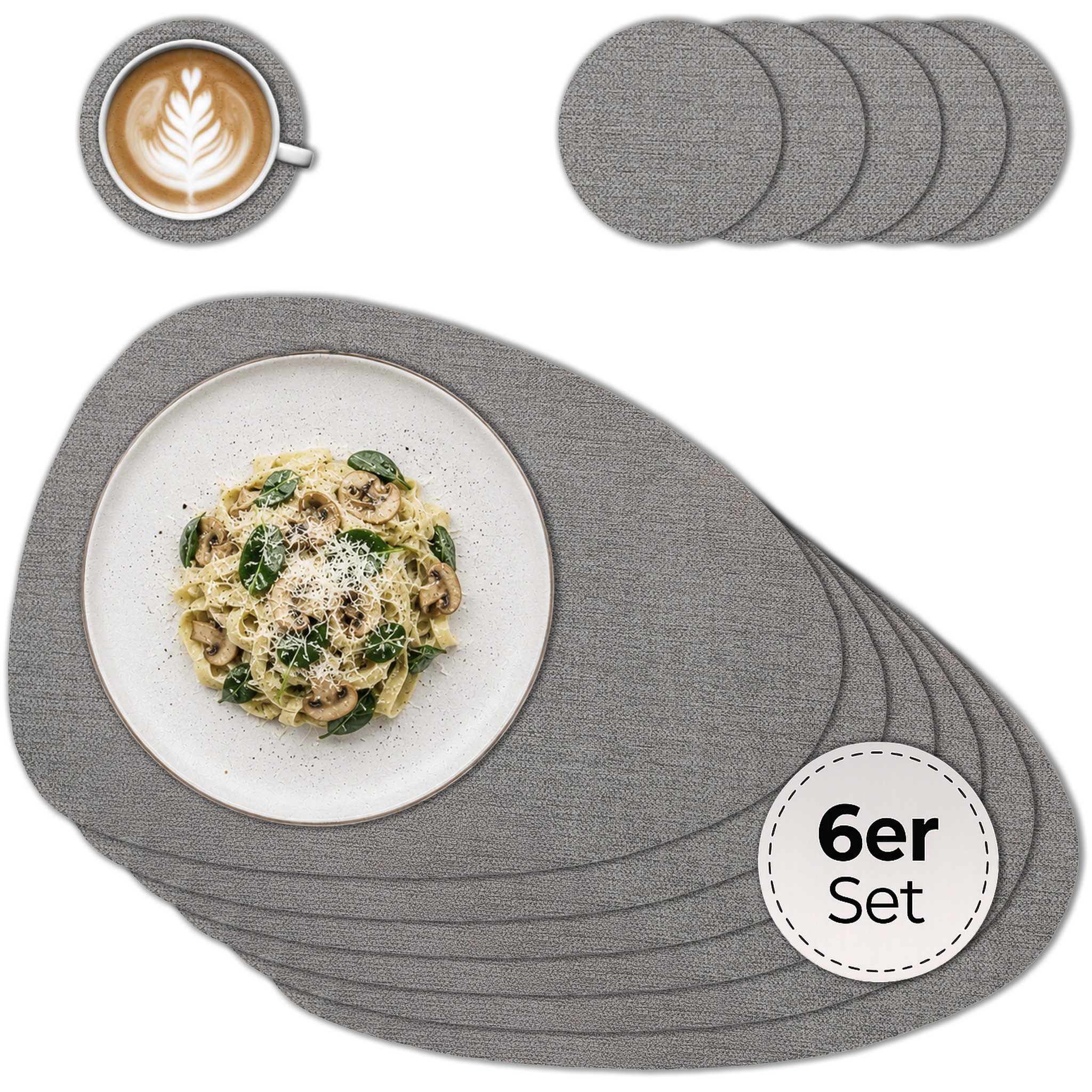 matches21 HOME & HOBBY Platzset Ovale Tischsets mit Glasuntersetzer 6er Set Greige Leinen Stoff-Optik, (6-St), Abwaschbare hitzebeständige PVC Platzsets
