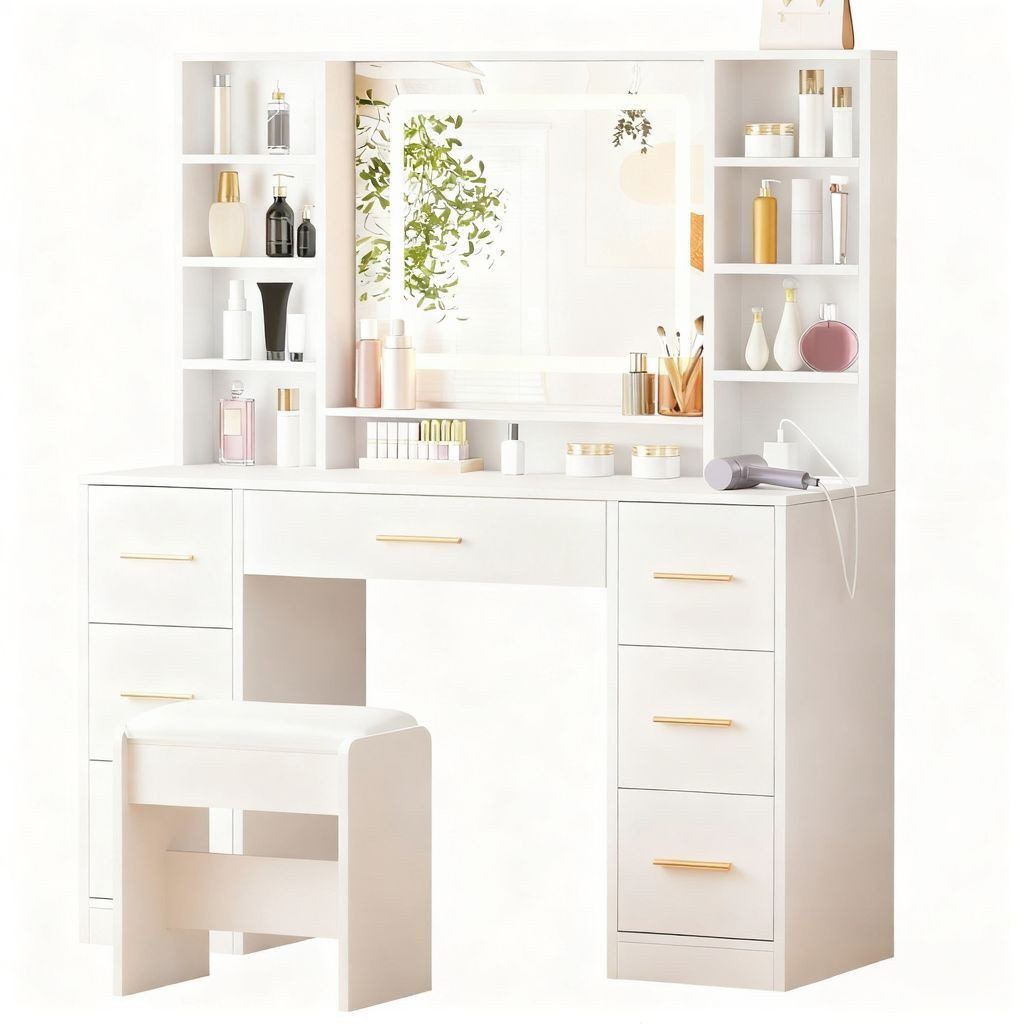 BEWISHOME Schminktisch mit Spiegel und Hocker, Ladestation, 7 Schubladen, LED-Beleuchtung (1-St), 100 x 40 x 140cm