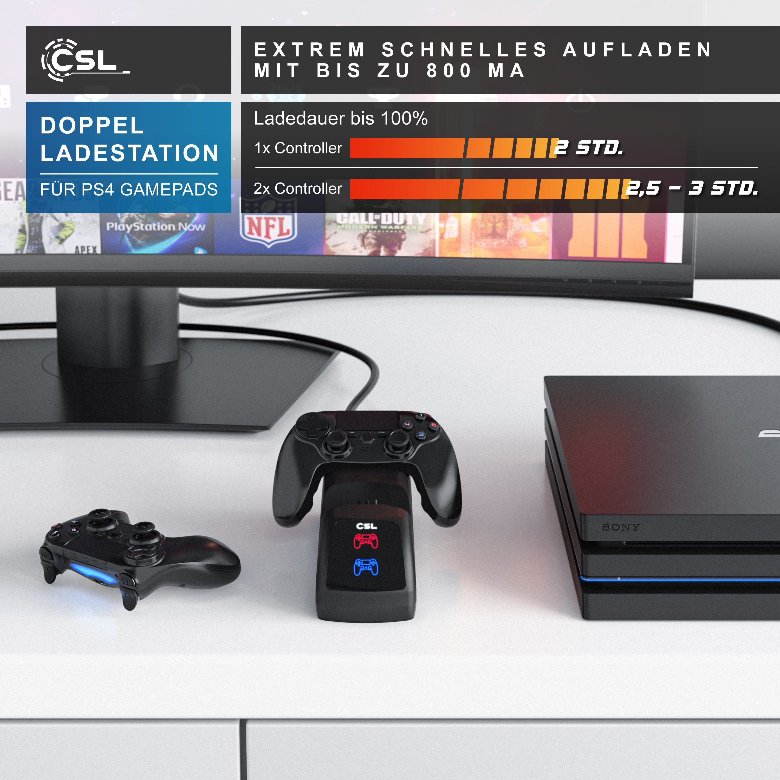 CSL Dual Ladegerät für 2x PS4 Gamepads - PS4 Controller Stand Charger Controller-Ladestation (800 mA, lädt 2 Controller gleichzeitig, ordentlich verstaut) – Bild 5 von 5
