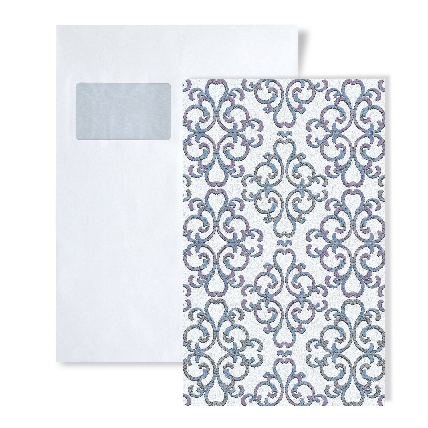 Edem Papiertapete 1 MUSTERSTÜCK S-85037BR30 DIN A4 MUSTER der Barock Tapete, glänzend, ornamental, Strukturmuster, Barock-Style, (1 Musterblatt, ca. A5-A4), weiß, türkis-blau, lila, silber
