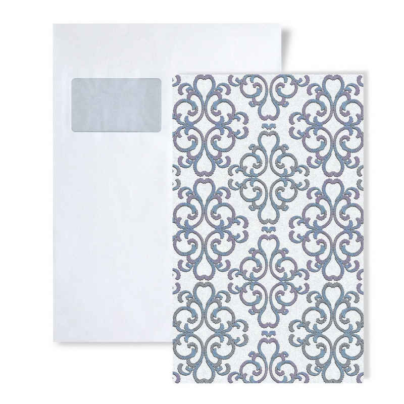 Edem Papiertapete S-85037BR30, glänzend, ornamental, Strukturmuster, Barock-Style, (1 Musterblatt, ca. A5-A4), weiß, türkis-blau, lila, silber