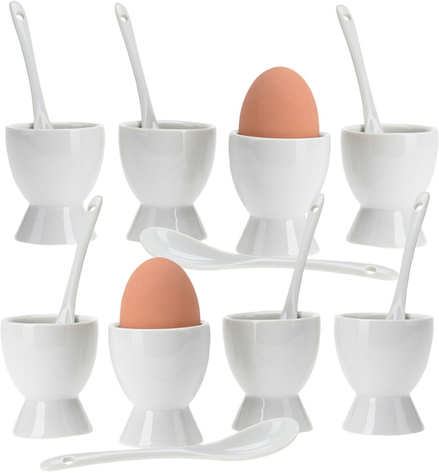 Koopman Eierbecher Porzellan Keramik Weiß Becher + Löffel 16tlg, (Set, 16-tlg., Packung), Weiß, 8 Löffel, 8 Becher, Standsicher, Keramik