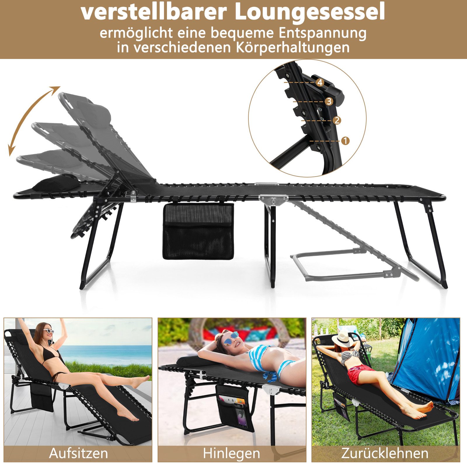 COSTWAY Gartenliege Liegestuhl, 4-Fach verstellbar, klappbar, günstig online kaufen