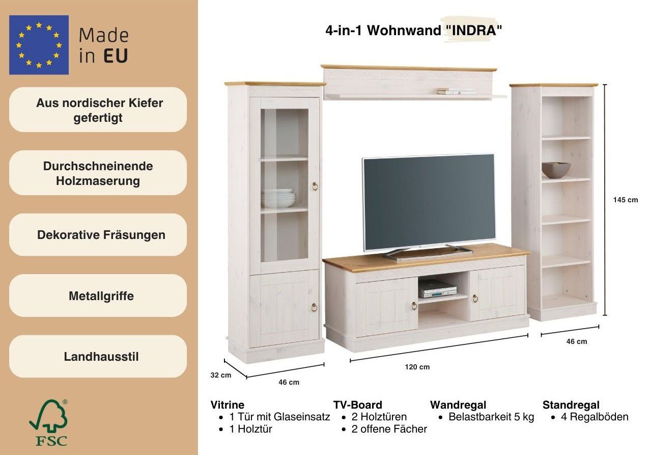 OTTO home Wohnwand Indra, (Set, 4-St), 4-teiliges Set: Vitrine, Lowboard, Wand- & Standregal, Kiefer massiv