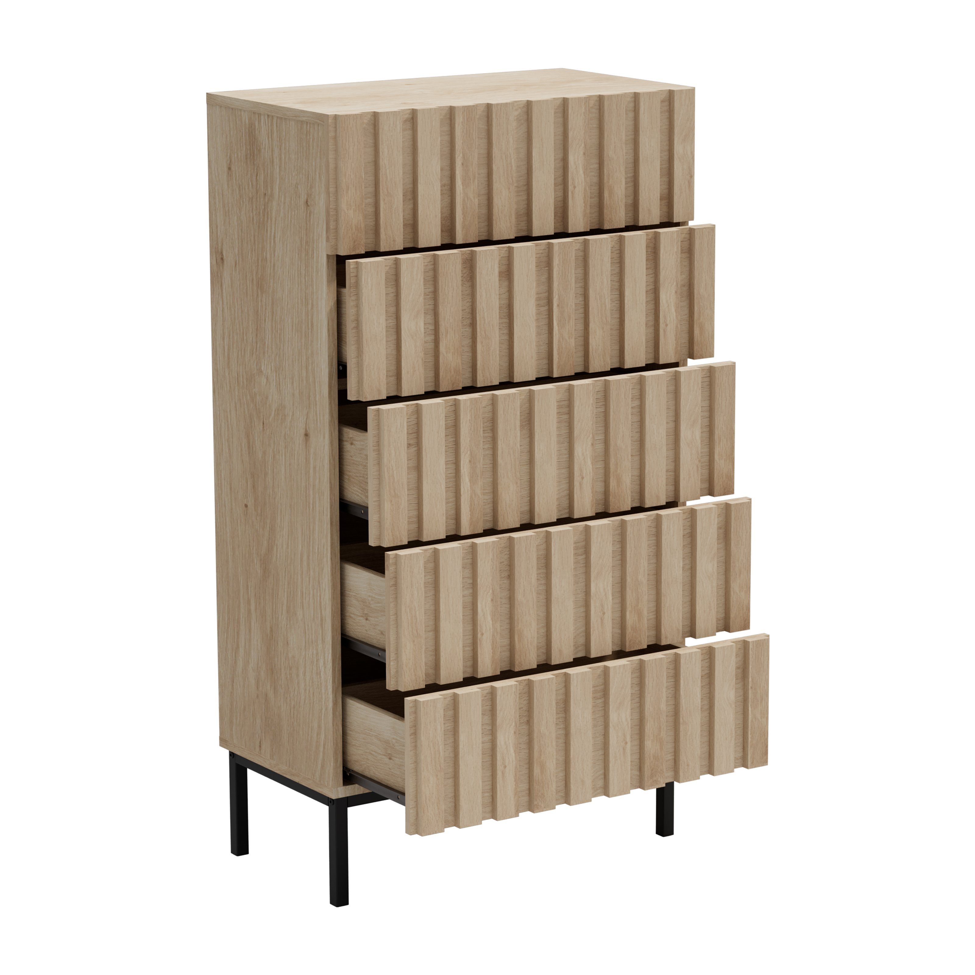 UEV Hochkommode mit 5 Schubladen, Sideboard mit Lamellen (Küchenschrank Buffet TV Board Schrank mit Füße Aufbewahrungsschrank, Anrichte Schrank mit Metallfüßen, Highboard, Sideboard, Schmal kommode), 60 x 34 x 110cm für Wohnzimmer Schlafzimmer Flur