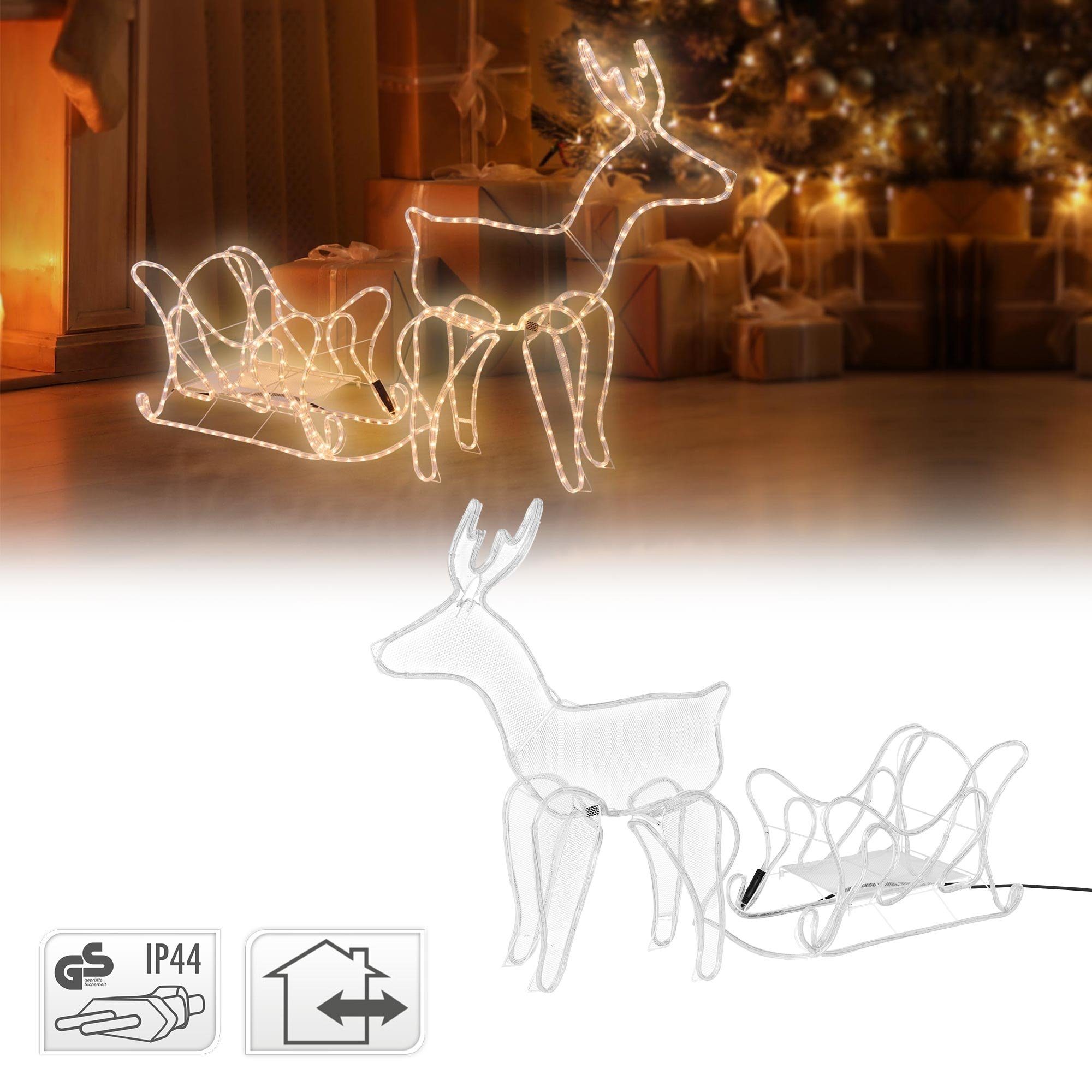 Ambiance ECD Germany LED-Dekofigur Rentier LEDs Schlauch 504 Dekoration PVC 273x77cm Innen/Außen Warmweiß Weihnachten Beleuchtet, mit Schlitten Figur