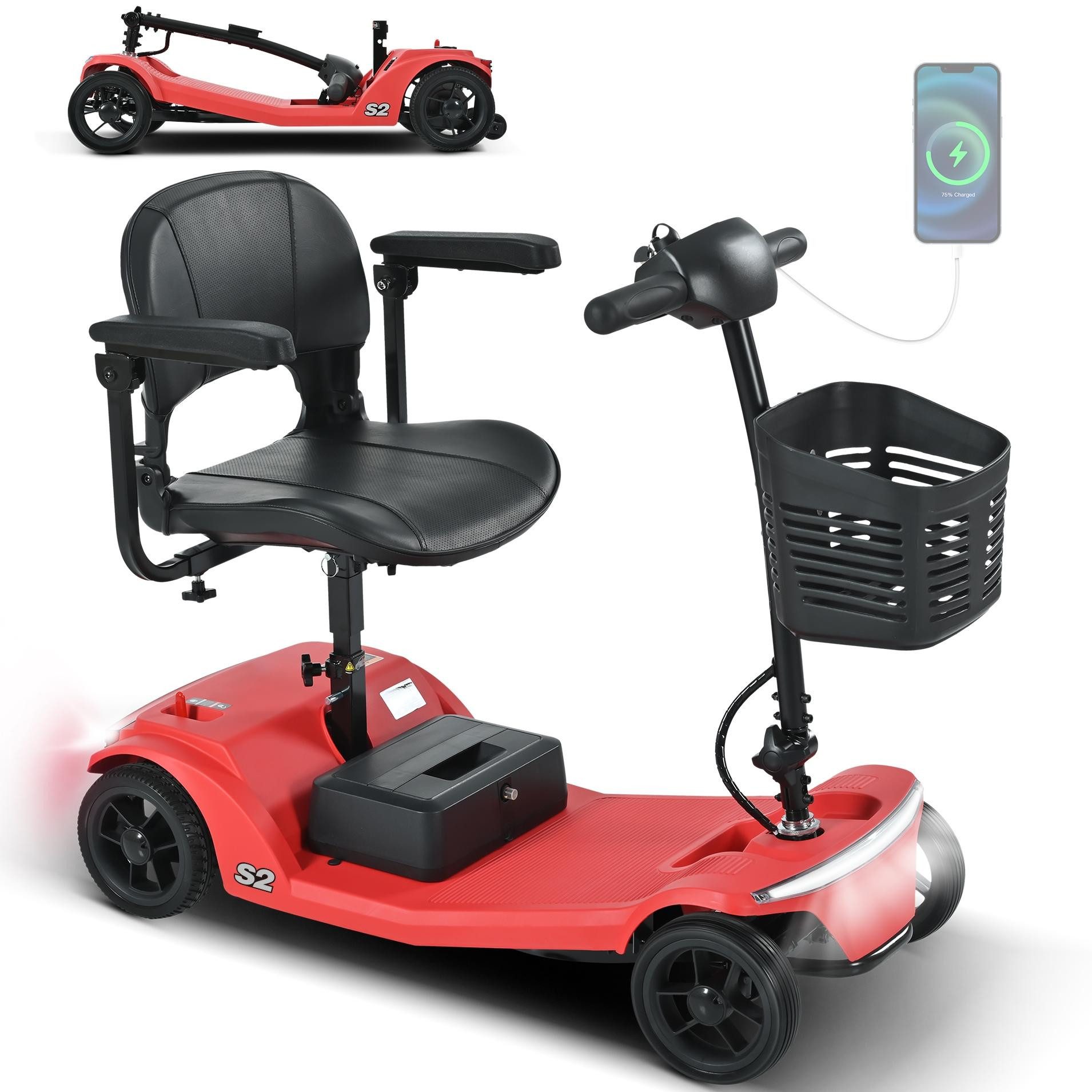 LVHOM Elektromobil S1/S2, faltbar, 4-Rad-Scooter, 15-25km, 12Ah, 250 W, 6 km/h, (abnehmbar Blei-Säure-Ionen Batterie + USB-Ladeanschluss + Vorderer Aufbewahrungskorb + Atmungsaktiver Höhenverstellbarer Sitz + verstellbarer Lenker + XXL-Fußraum), 136 kg Tr.Kr. Gesamtgewicht: 37kg