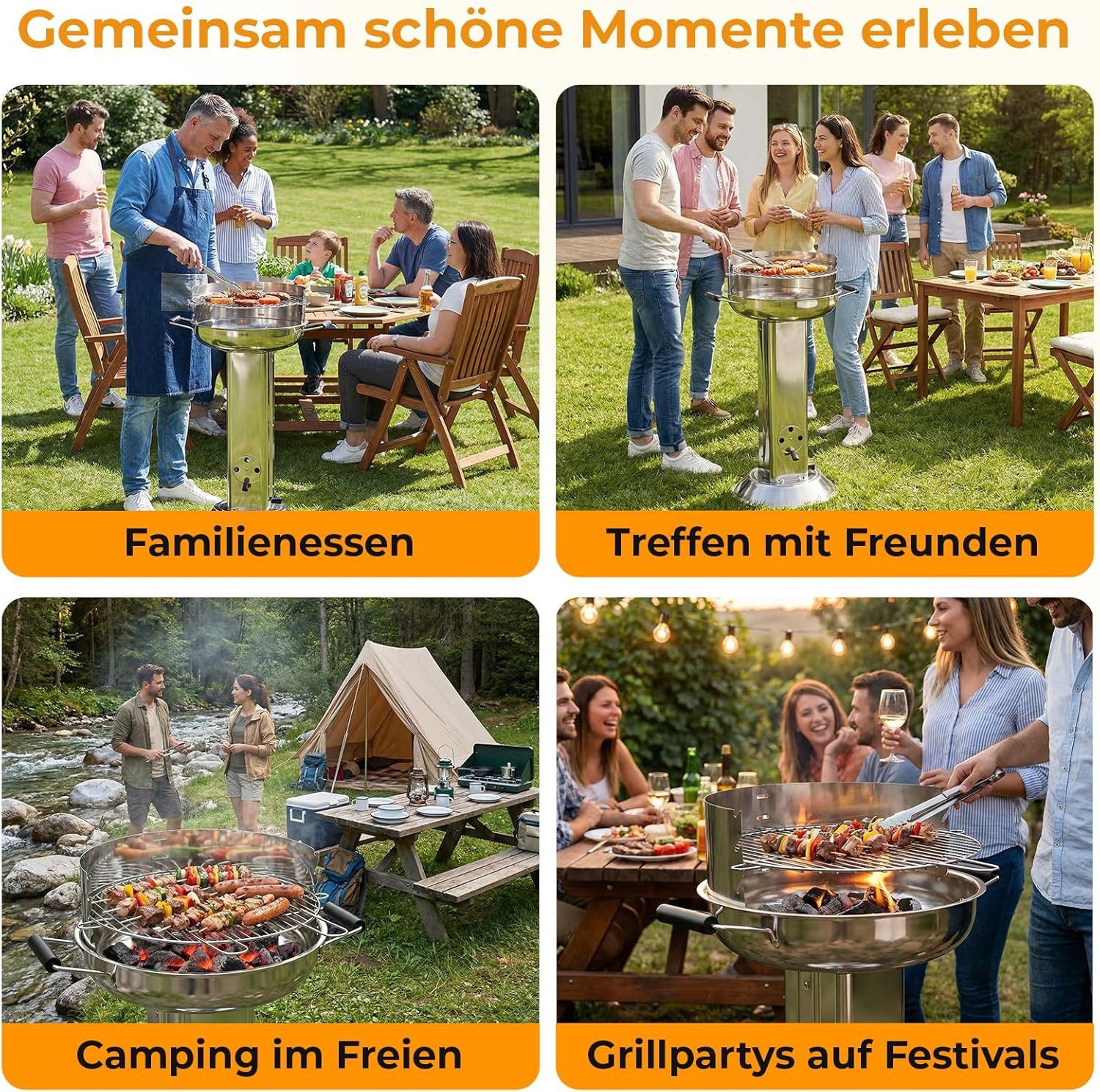 TLGREEN Holzkohlegrill Wetterfester Edelstahl 58*42*85cm, Säulengrill mit 4-fach höhenverstellbarem Grillrost, Aschekasten & Belüftung, Tragbarer BBQ Grill für  – Bild 5 von 5