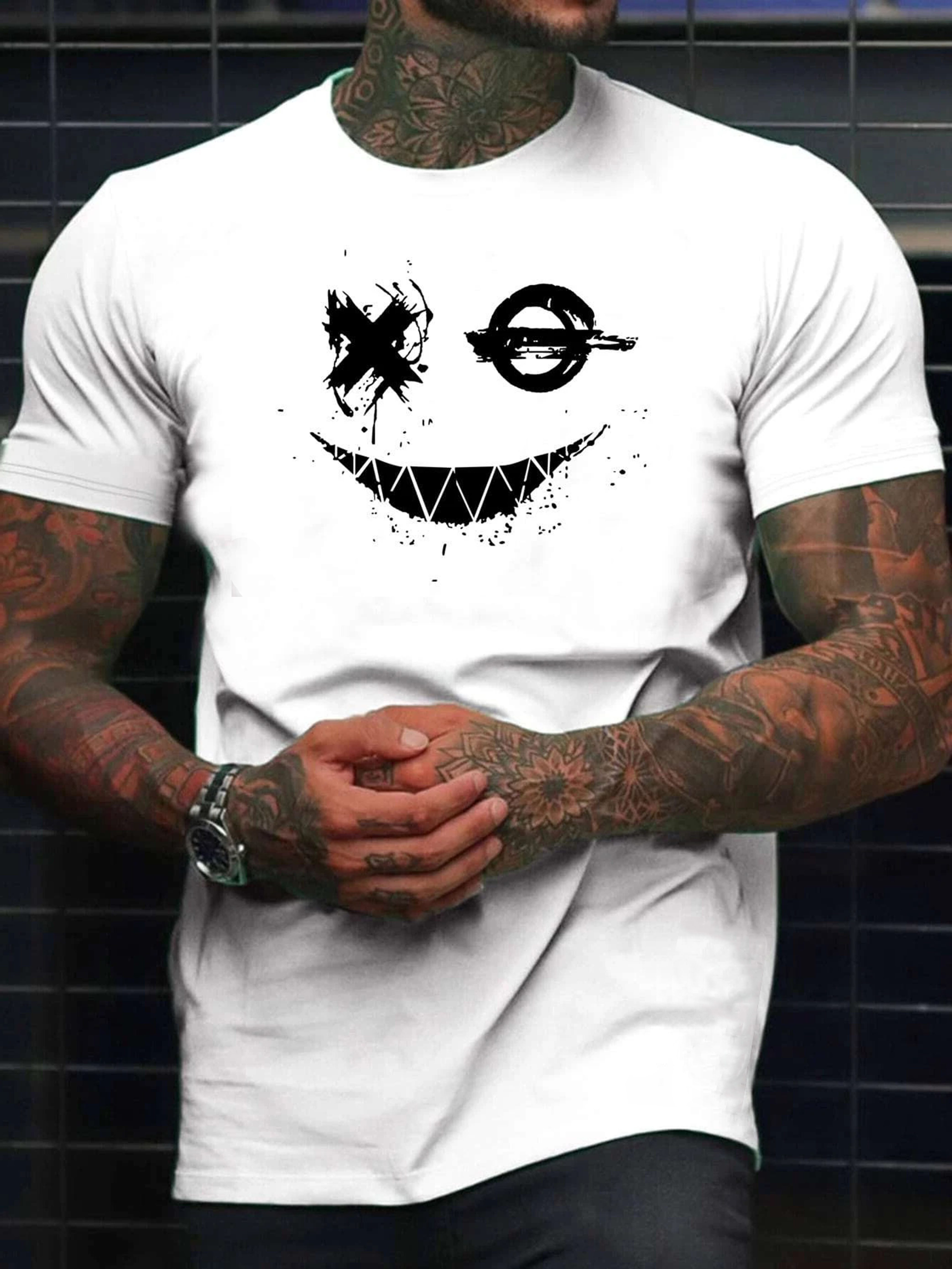 T-Shirt Herren Shirt Top Sommer Basic Rundhals Smiley Smile
