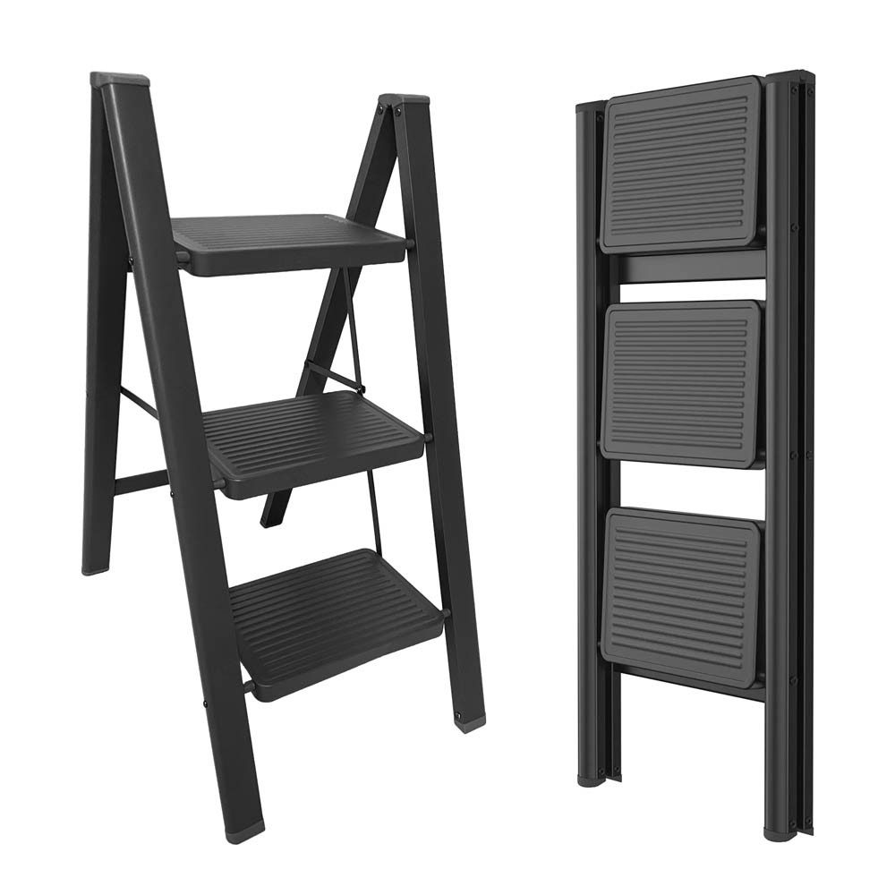 PFCTART Trittleiter Klappleiter 3-Stufen Aluminium – Trittleiter rutschfest & klappbar (Set, 1-St., 63 cm Arbeitshöhe – Als Treppenleiter für Küche, Haushalt & Reinigung), Mit breiten Trittstufen für sicheren Stand – Stabile Haushaltsleiter