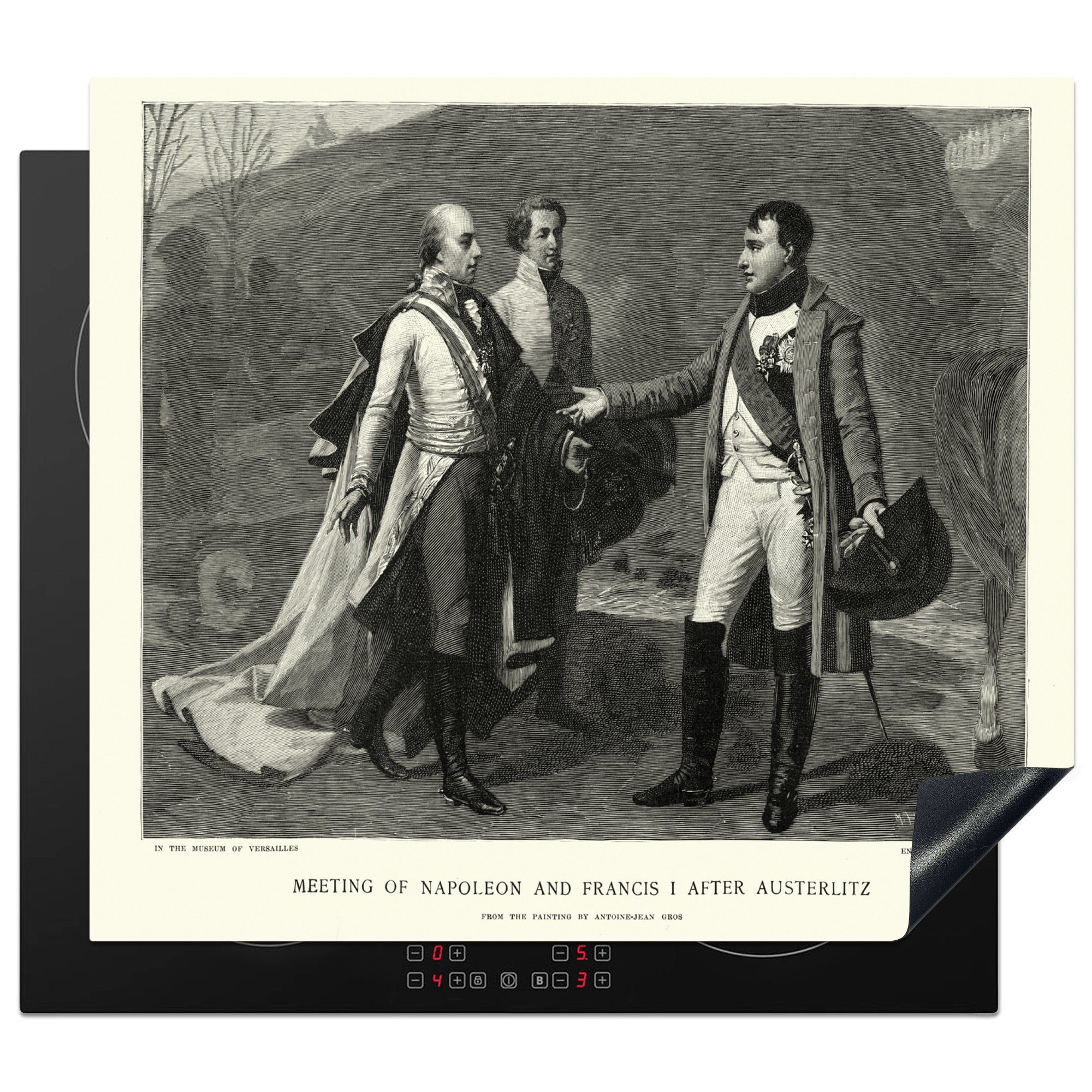 MuchoWow Herdblende-/Abdeckplatte Illustration von Napoleon Bonaparte mit zwei Männern in Schwarz und, Vinyl, (1 tlg), 60x52 cm, Mobile Arbeitsfläche nutzbar, Ceranfeldabdeckung