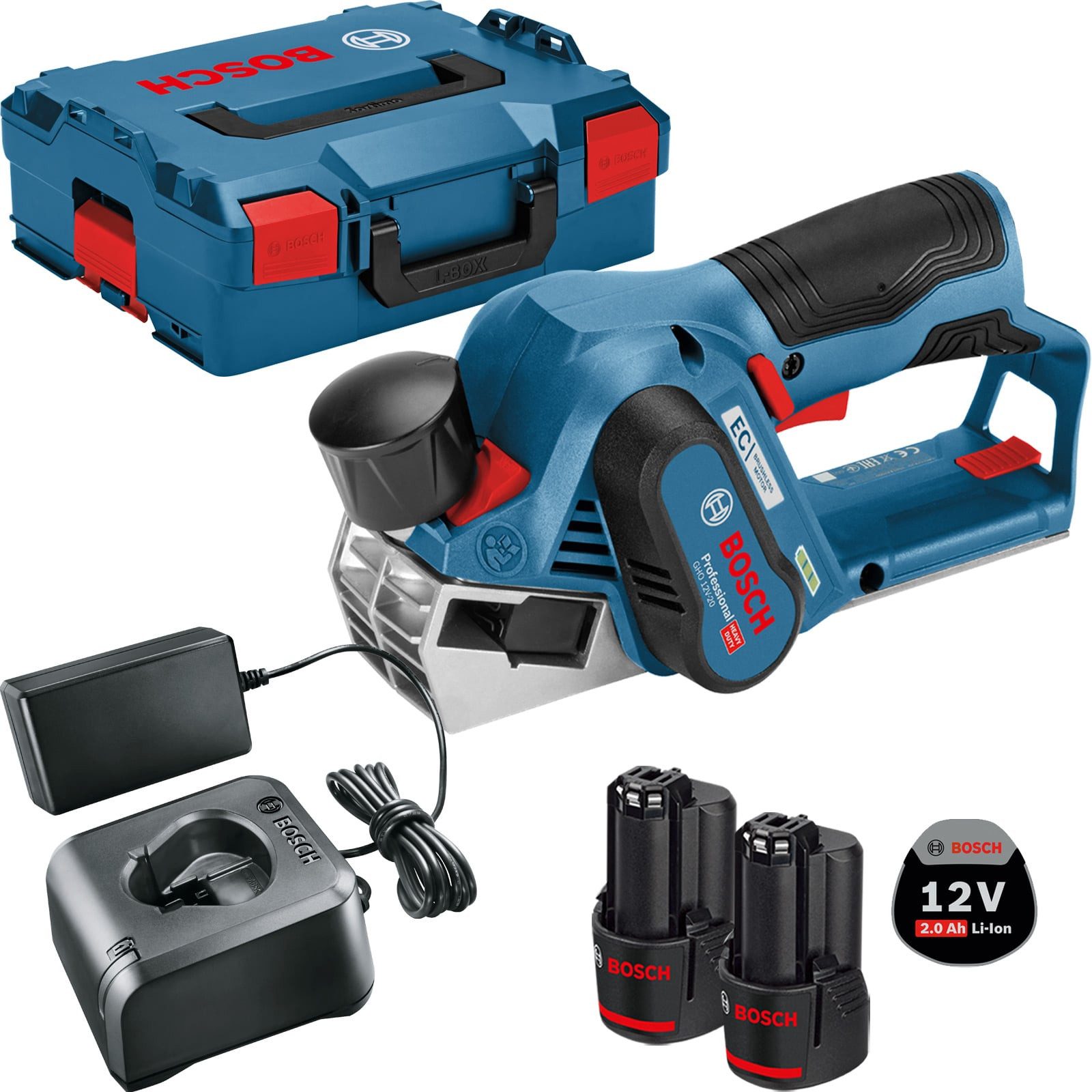 BOSCH Akku-Elektrohobel Bosch Akku-Hobel GHO 12V-20 12 V / 2x 2,0 Ah Akku + Ladegerät in L-Box