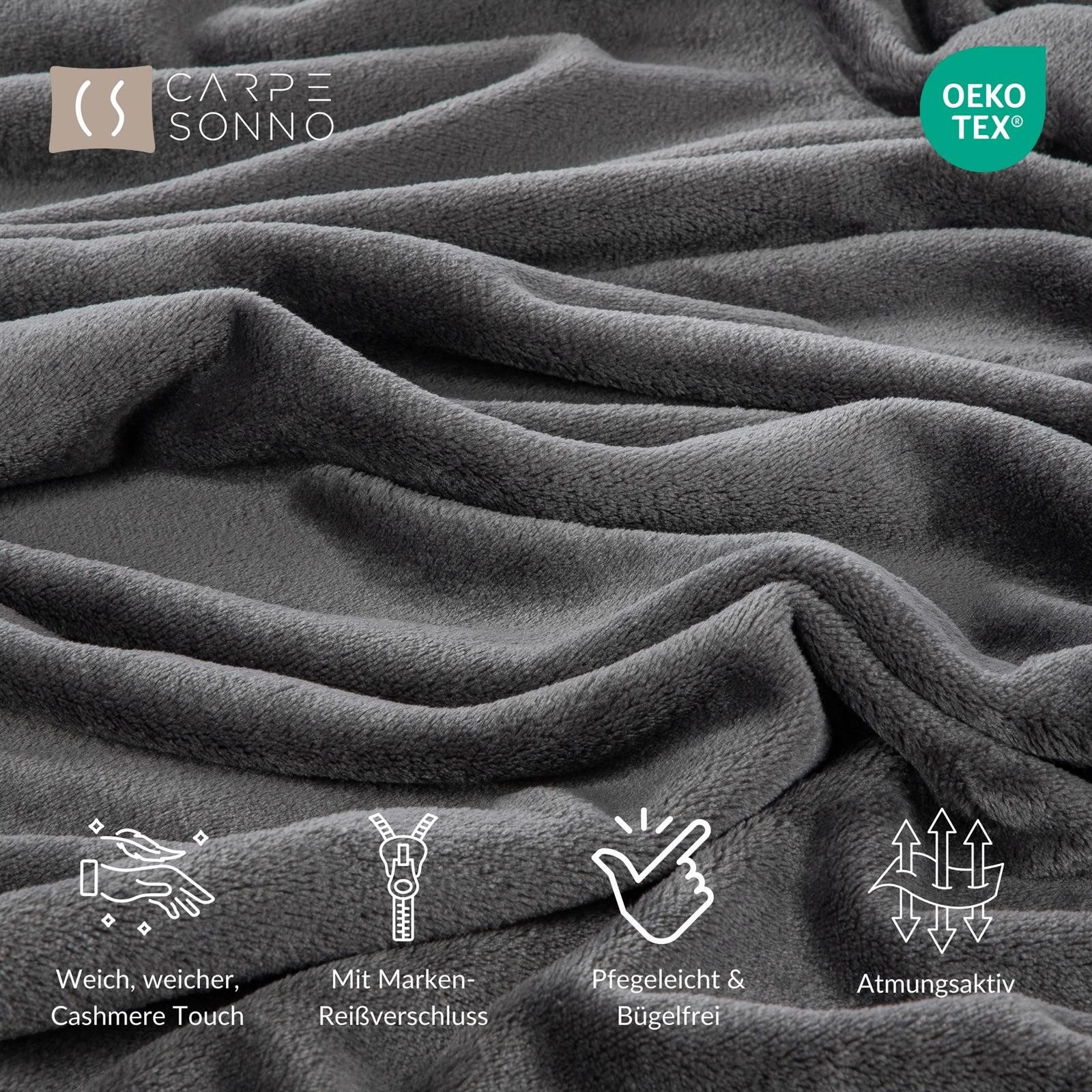 Carpe Sonno Bettwäsche Cashmere-Touch Bettwäsche 155x220 cm aus 100% Polyester, Microfaser-Fleece, 2 teilig, Warme kuschelige einfarbige Bettwäsche Dunkelgrau Grün
