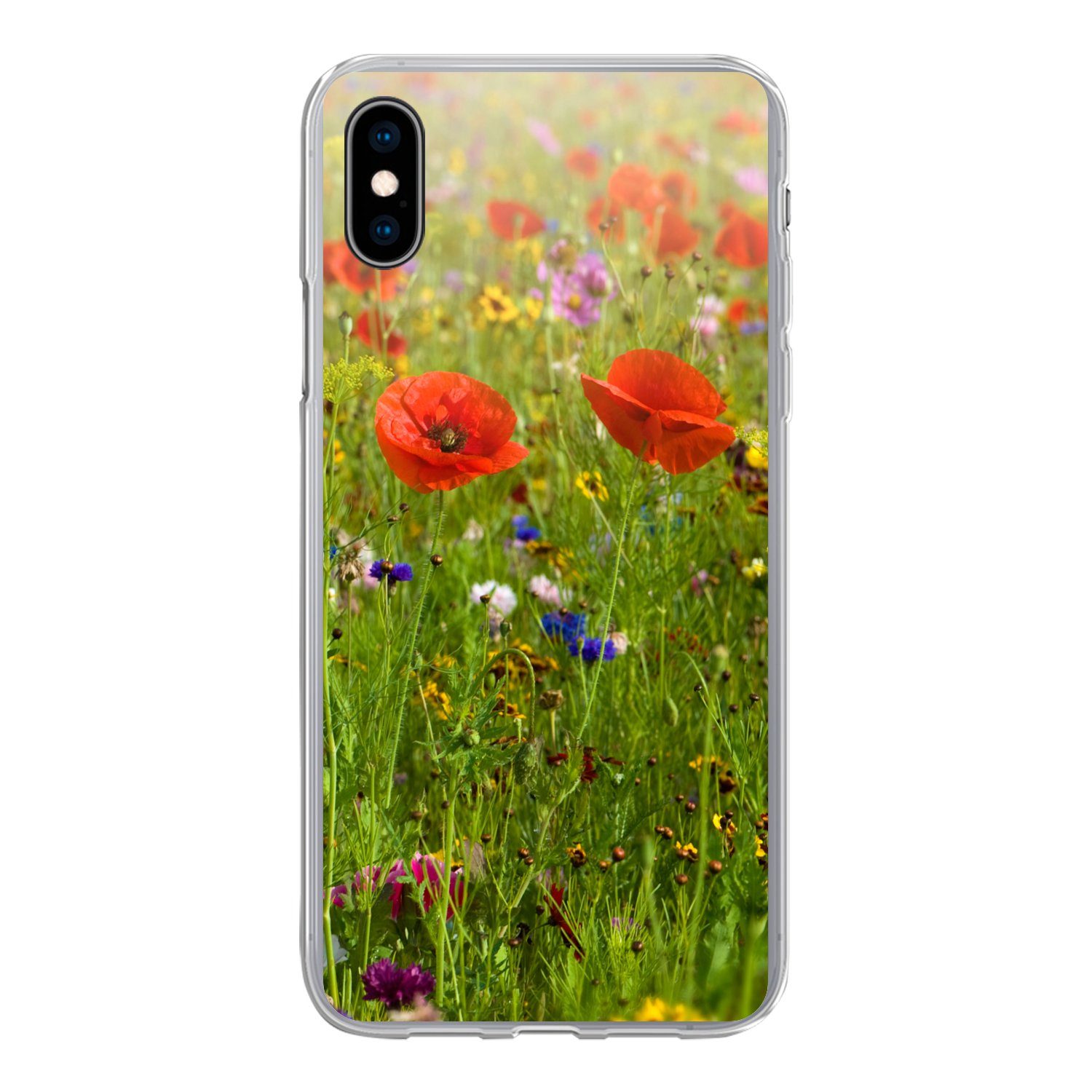 MuchoWow Handyhülle für Apple iPhone XS Frühling - Blumen - Rot - Mohn - Gras - Grün, Smartphone-Bumper, Print, Handy Schutzhülle Dünn