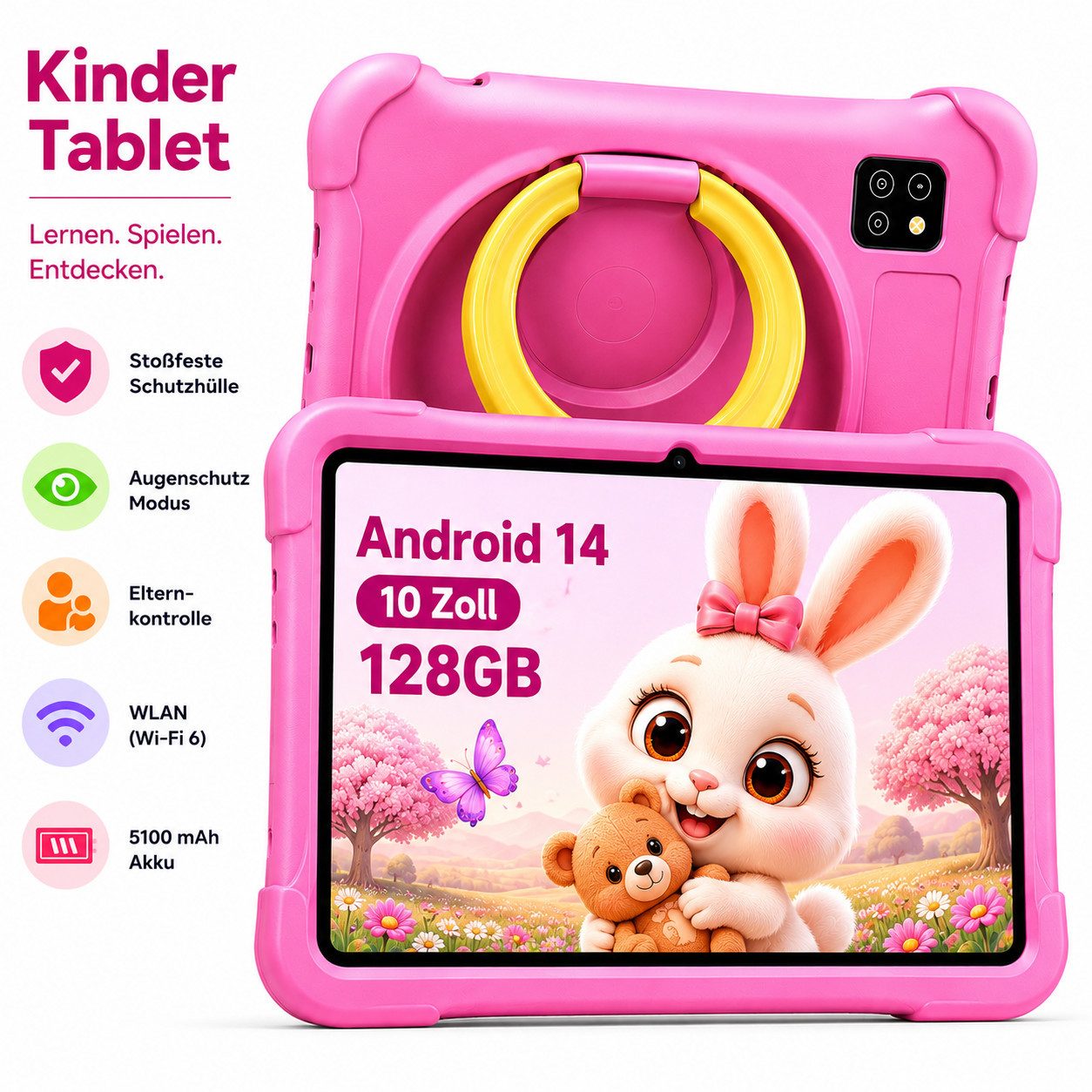 blackview Kinder Tablet 10 Zoll mit Schutzhülle, Android, WLAN, Elternkontrolle Tablet (10.1", 128 GB, Android 14, WLAN (Wi-Fi), Android 14, HD+ Display, 128GB, 5100 mAh,5G WiFi/WIFI 6/Gemini AI)
