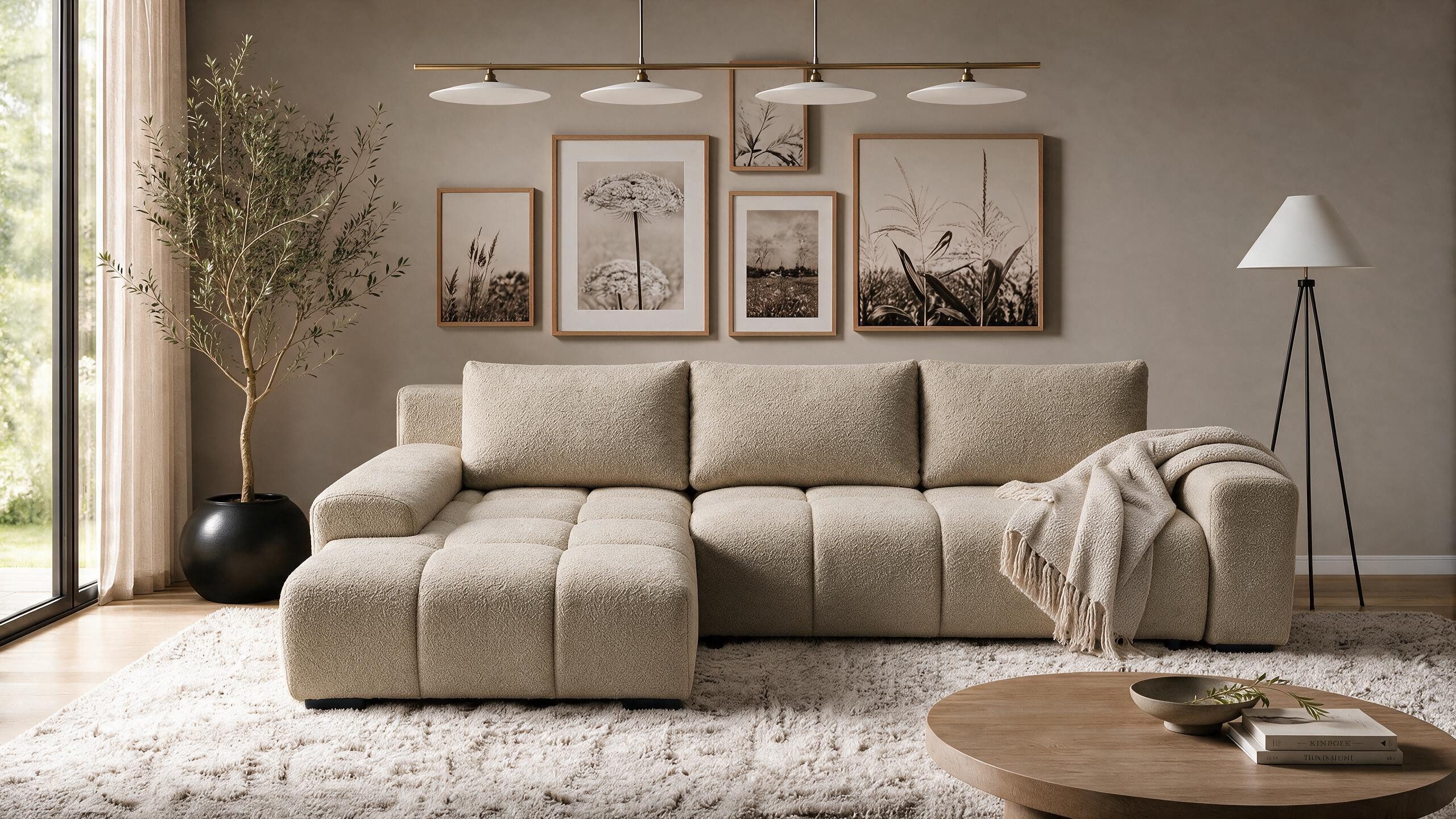 storez24 Ecksofa Ovia, mit Bettkasten und Schlaffunktion, Bouclé-Stoff, L-Form, bequem