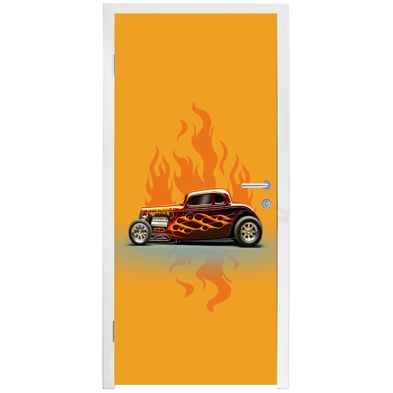 MuchoWow Türtapete Auto - Flammen bedruckt, Tür, Matt, für - cm Türaufkleber, (1 75x205 Fototapete - St), Rot Vintage