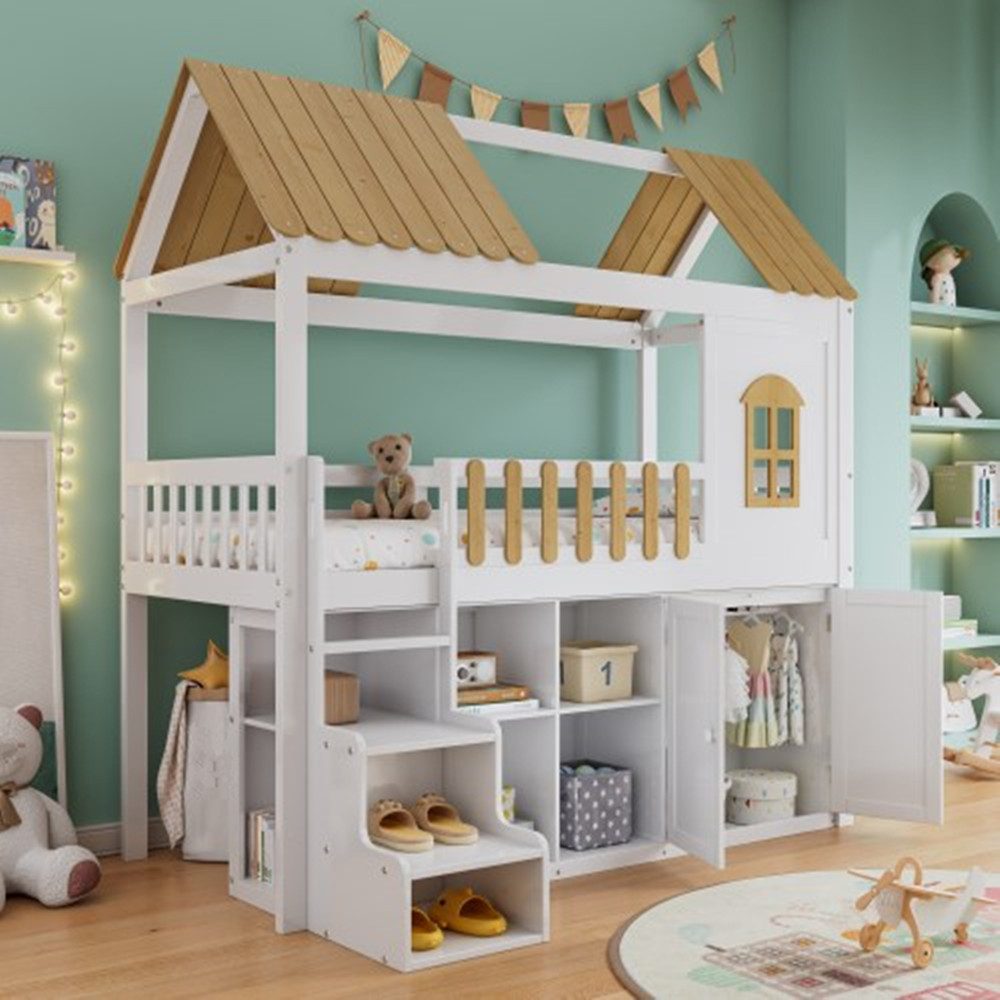 Kinderbett Etagenbett,Kinderbett,Reichlich Stauraum, Holzbett, mit Kleiderschrank