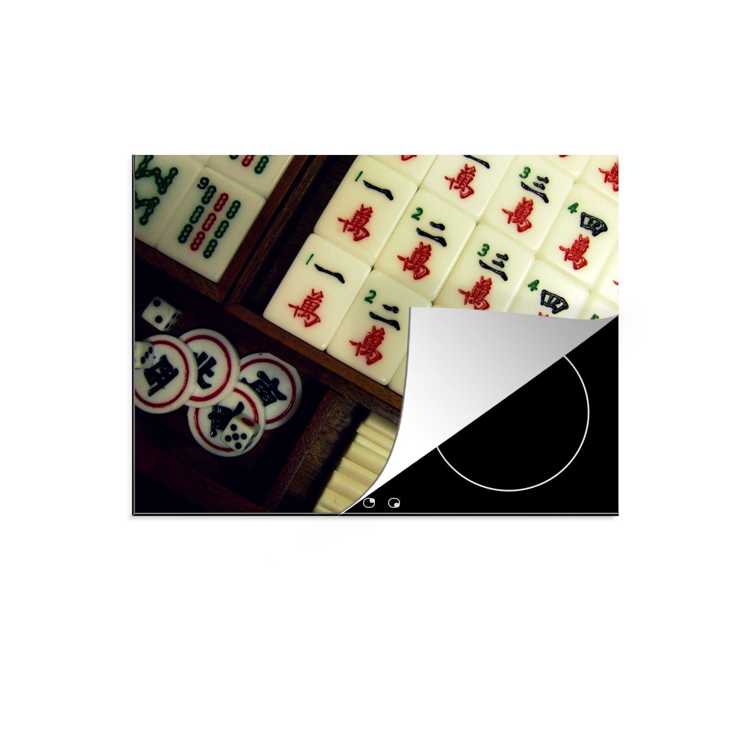 in Mahjong-Set Mobile Arbeitsfläche cm, Holzkiste, Herdblende-/Abdeckplatte 70x52 MuchoWow Vinyl, nutzbar, (1 Ceranfeldabdeckung tlg), Ein einer