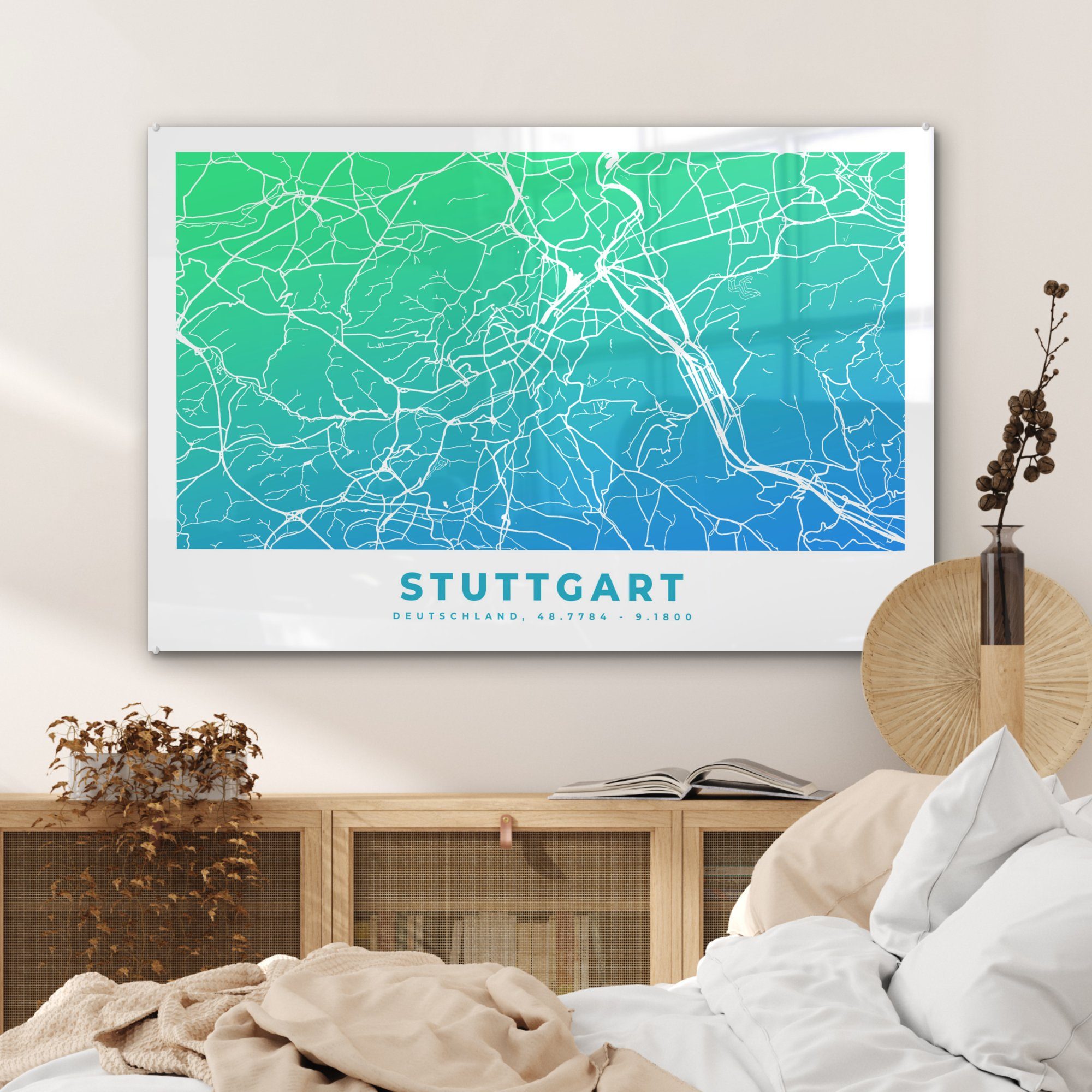 MuchoWow Acrylglasbild Stuttgart - Deutschland - Wohnzimmer Stadtplan, Schlafzimmer (1 Acrylglasbilder St), &