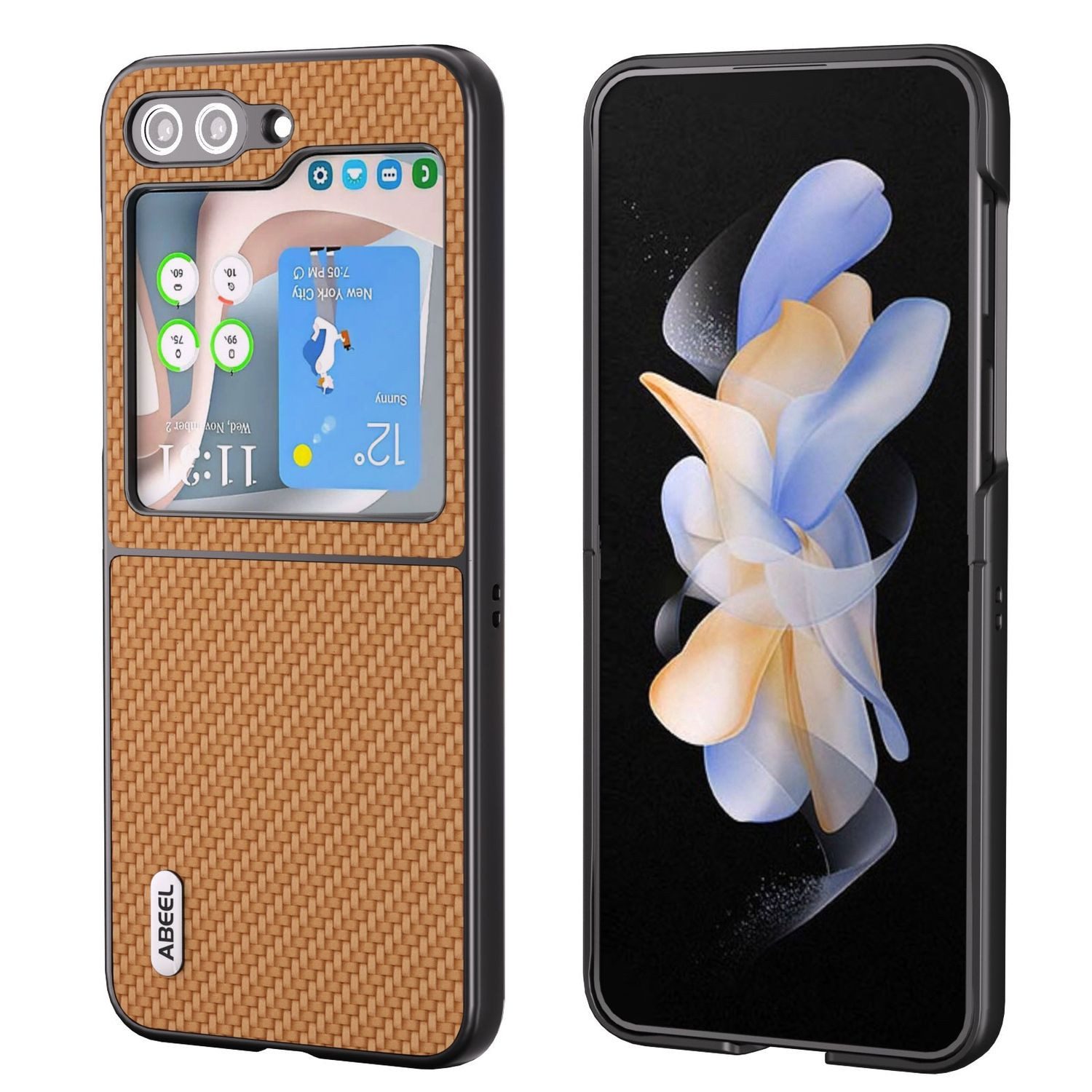 Wigento Handyhülle Für Samsung Galaxy Z Flip5 5G Carbon Textur Schutzhülle Case Hellbraun