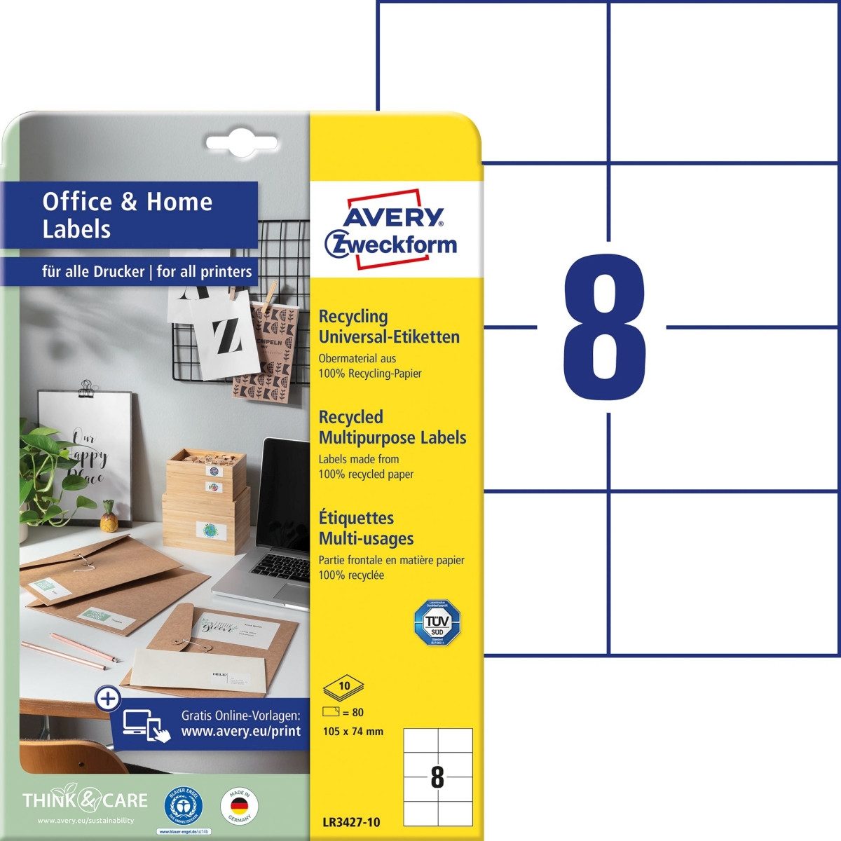 Avery Zweckform Etiketten Universal-Etiketten RC A4 105x74mm 10 Bogen/80 Etiketten naturweiß