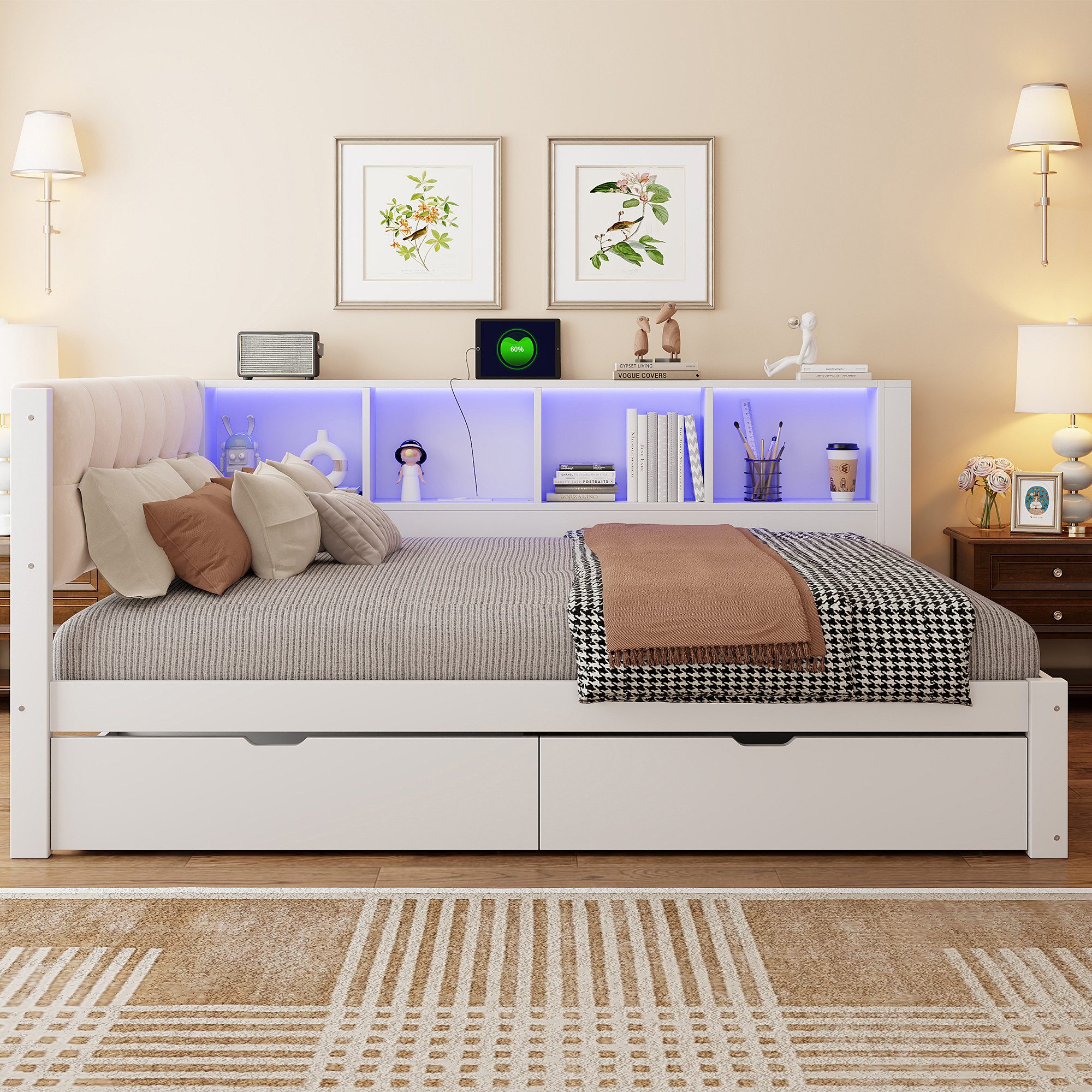 Merax Daybett mit LED-Beleuchtung & USB Anschluss (Jugendbett Schlafsofa Sofabett Kinderbett mit gepolstertem Kopfteil, 1 tlg), Kiefernholz Tagesbett 140x200 cm mit Schubladen, Regal & Stauraum