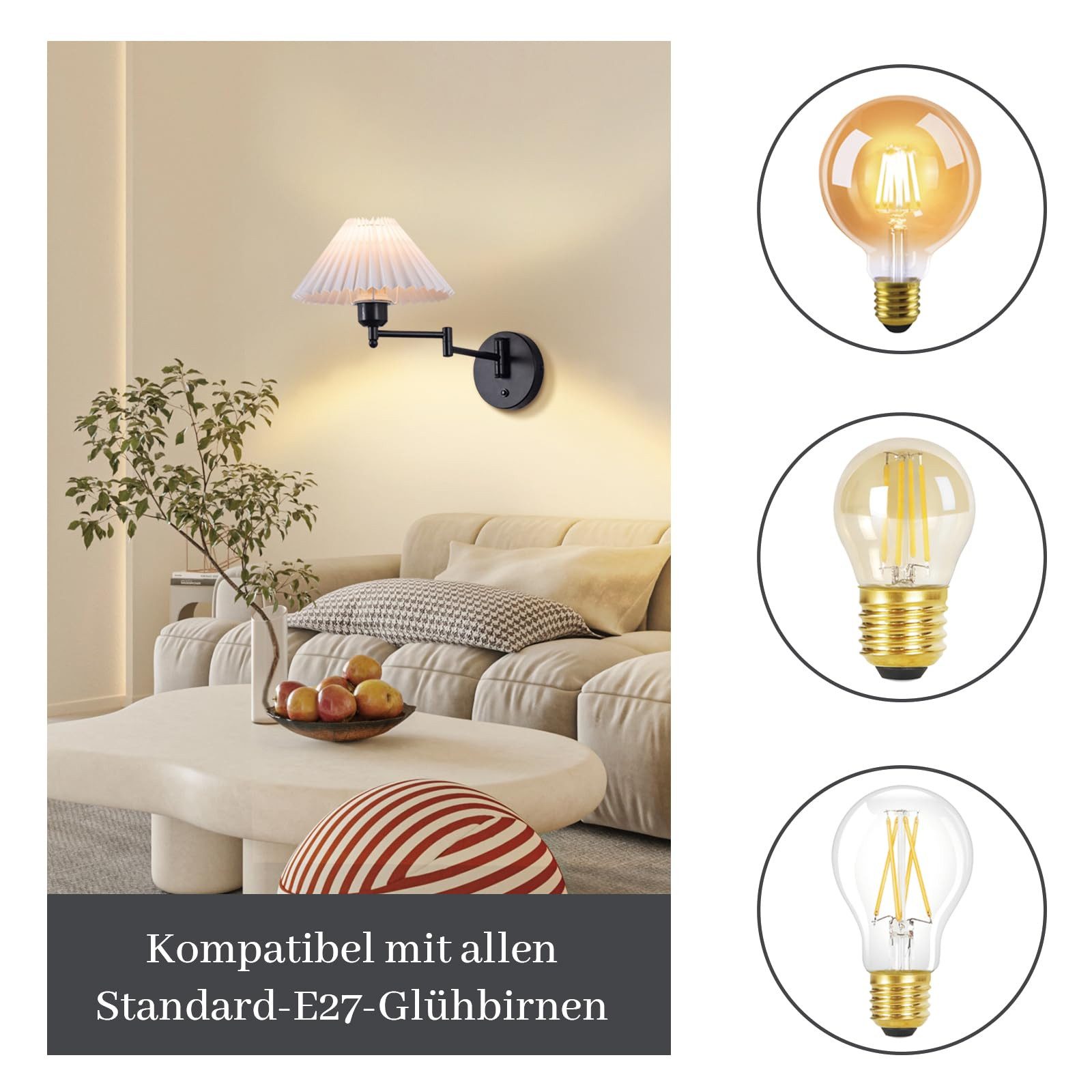 Nettlife Wandleuchte Innen Vintage E27 Weiß Stoff Retro Schwenkbar 40W Lampenschirm, Schwenkbar, ohne Leuchtmittel, Wandbeleuchtung Flurlampe Wandlampe – Bild 4 von 5