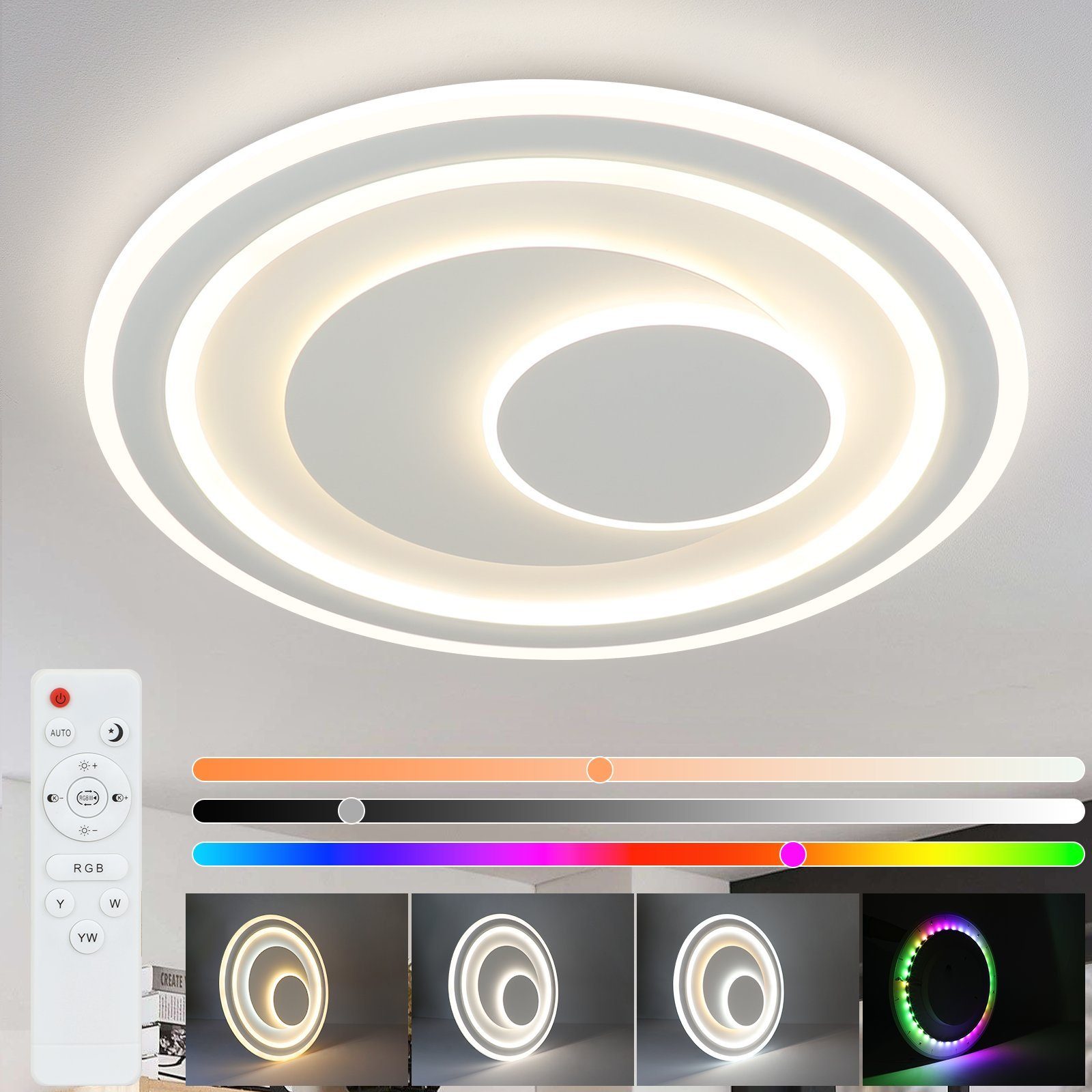 Nettlife LED Deckenleuchte Wohnzimmer Dimmbar mit Fernbedienung RGB Weiß Decklampe Rund 50 cm, RGB Farbwechsel, LED fest integriert, Warmweiß Neutralweiß Kaltweiß, RGB, RGB Hintergrundbeleuchtung, Schlafzimmer Kinderzimmer Küche Esszimmer