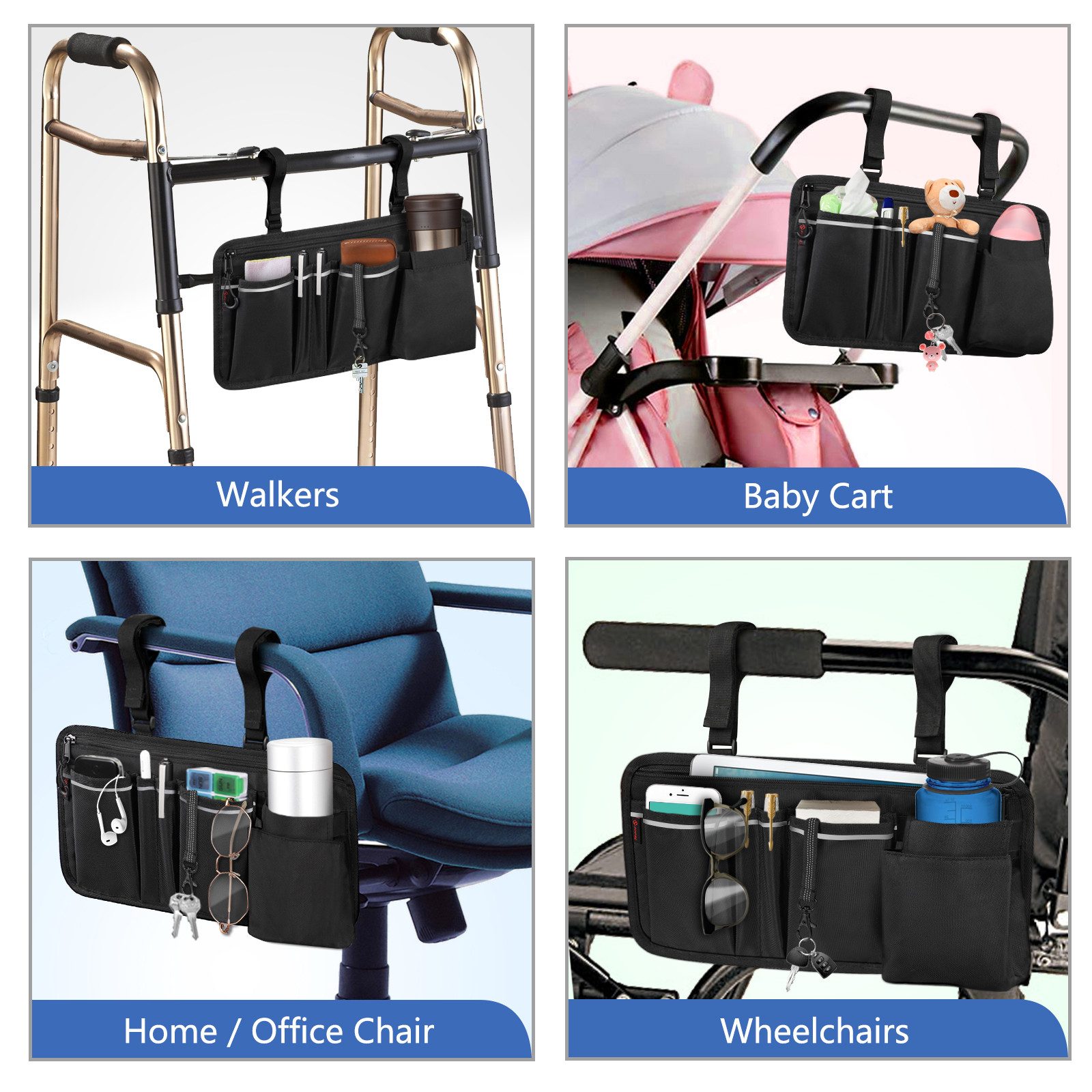 Fintie Rollstuhltasche für Armlehne-Rollstuhlsack mit Flaschenhalter, reflektierende Streifen, Tasche für Rollator, Rollstuhl, Kinderwagen, Walker, Mobility Sco – Bild 3 von 5