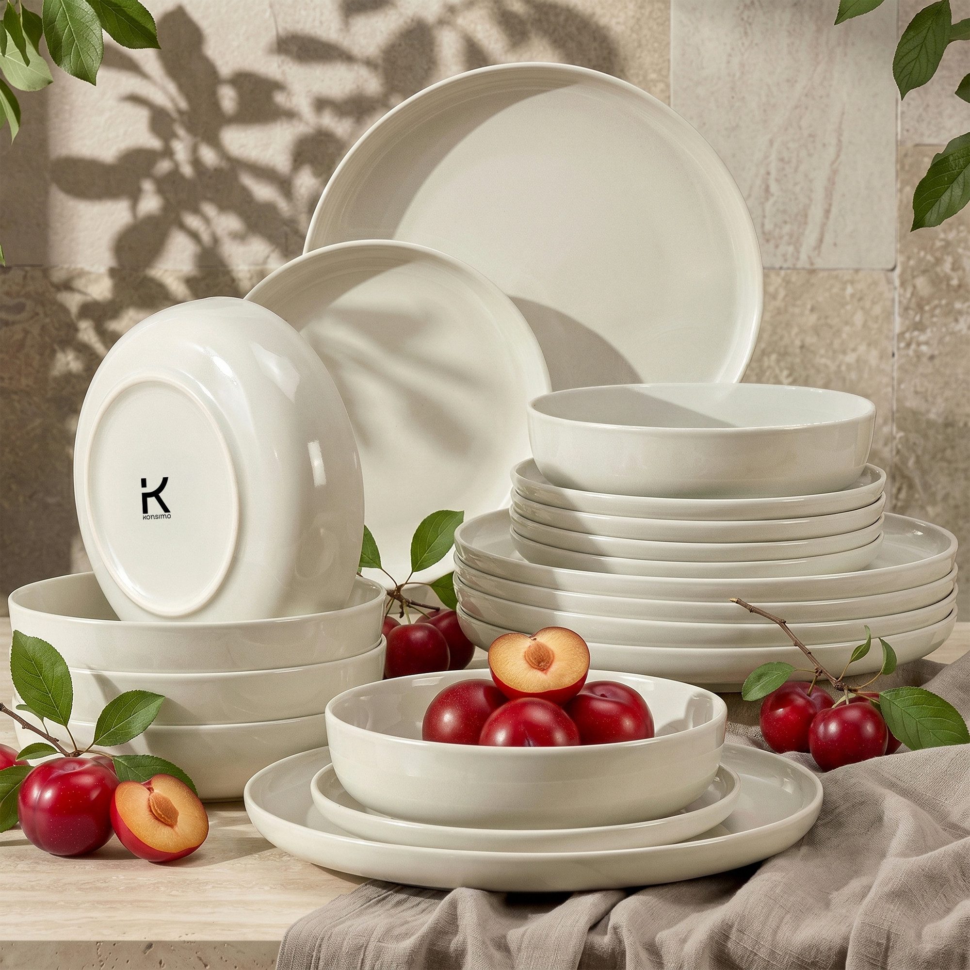 KONSIMO® Tafelservice VICTO Geschirrset hergestellt in der EU (18-tlg), 6 Personen, Steingut, spülmaschinengeeignet, mikrowellengeeignet, glänzend, rund