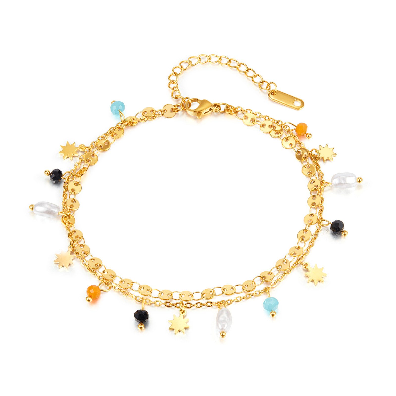 Kingka Fußkette mit Anhänger Sommer Schmuck für Damen mit bunten Perlen und Sternchen goldfarben, Limitiertes Damen Fußkettchen, Strand Festival Party, Schmuck Geschenk