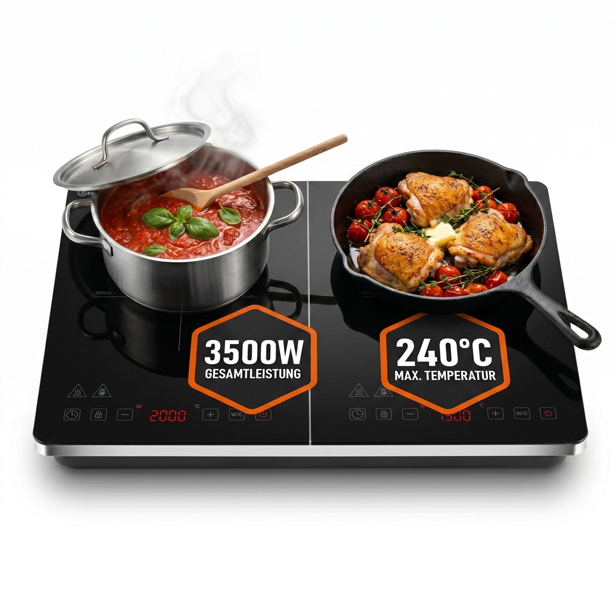 Sommertal Einzel-Induktionskochplatte Sommertal Induktionskochfeld 2 platten 3500W Tragbar Super Slim, Design bis 240 °C mit 4h Timer mit Touch-Bedienung