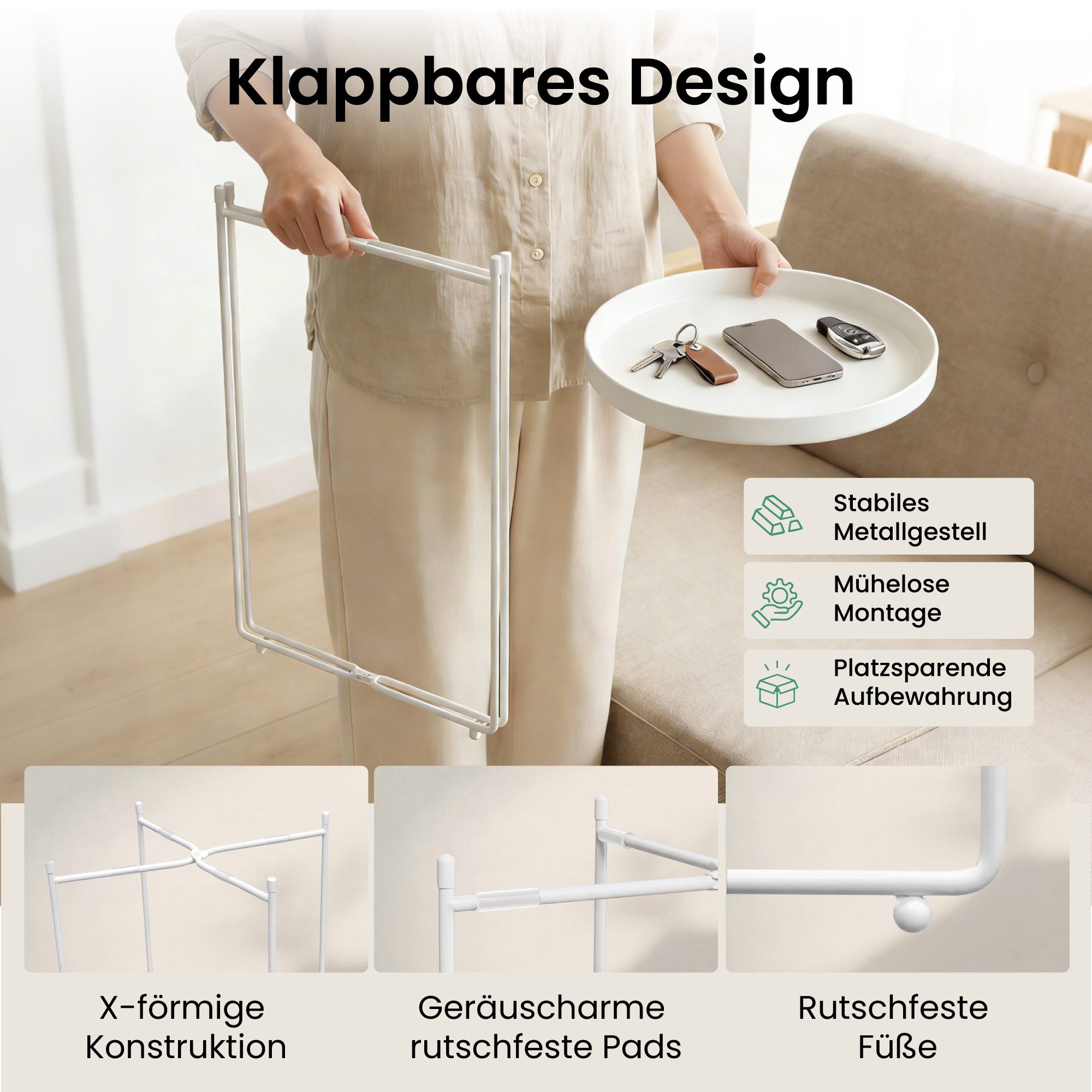 Mai & Mai Beistelltisch Sofatisch mit abnehmbarem Serviertablett vormontiert Reglo-08 (2-St), X-förmige Konstruktion,Tablett aus Papierkordel oder Kunststoff – Bild 5 von 5