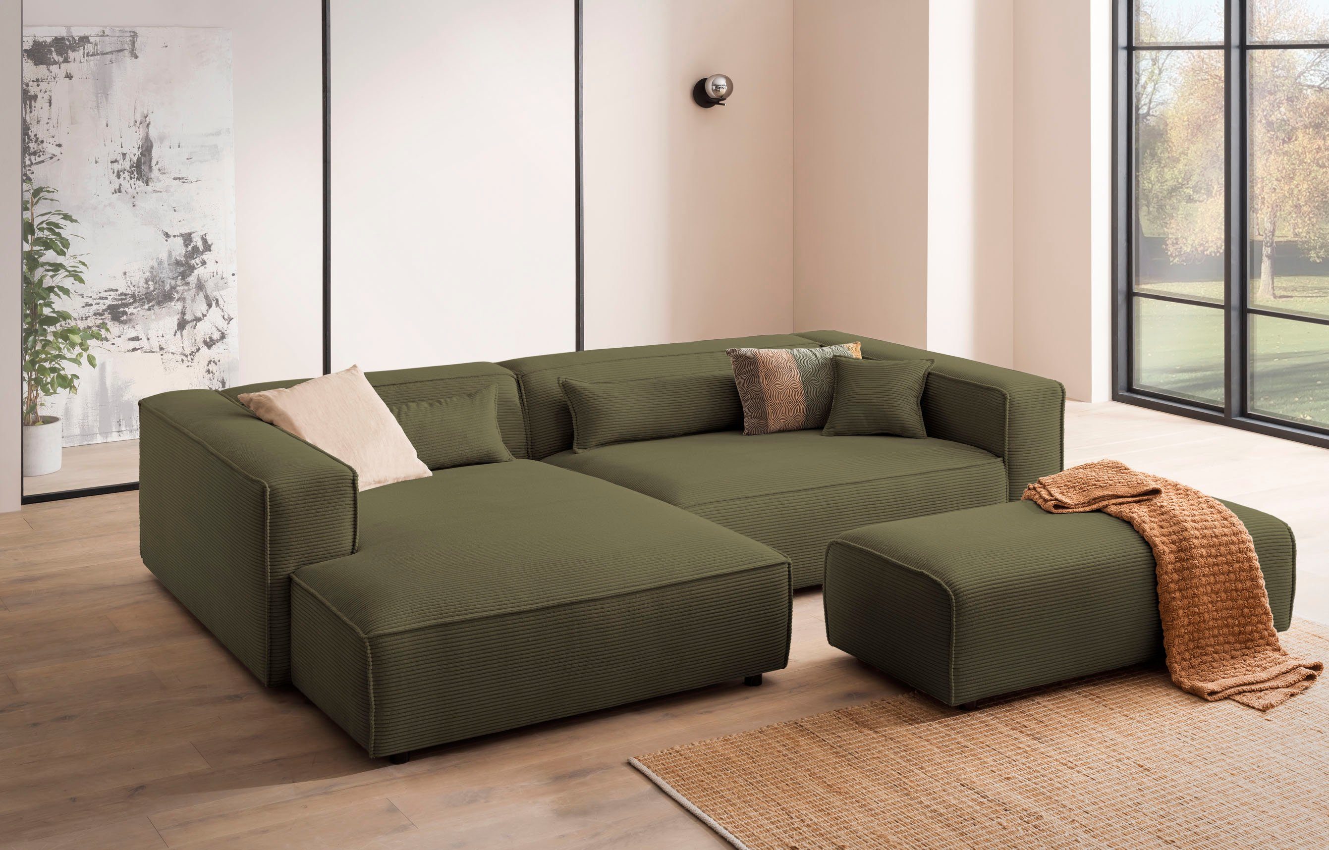 LeGer Home by Lena Gercke Ecksofa PIARA XXL Cord, L-Form, Schlaffunktion, Hocker stellbar zum Schlafsofa (Krokodilverbinder), tiefe Sitzfläche