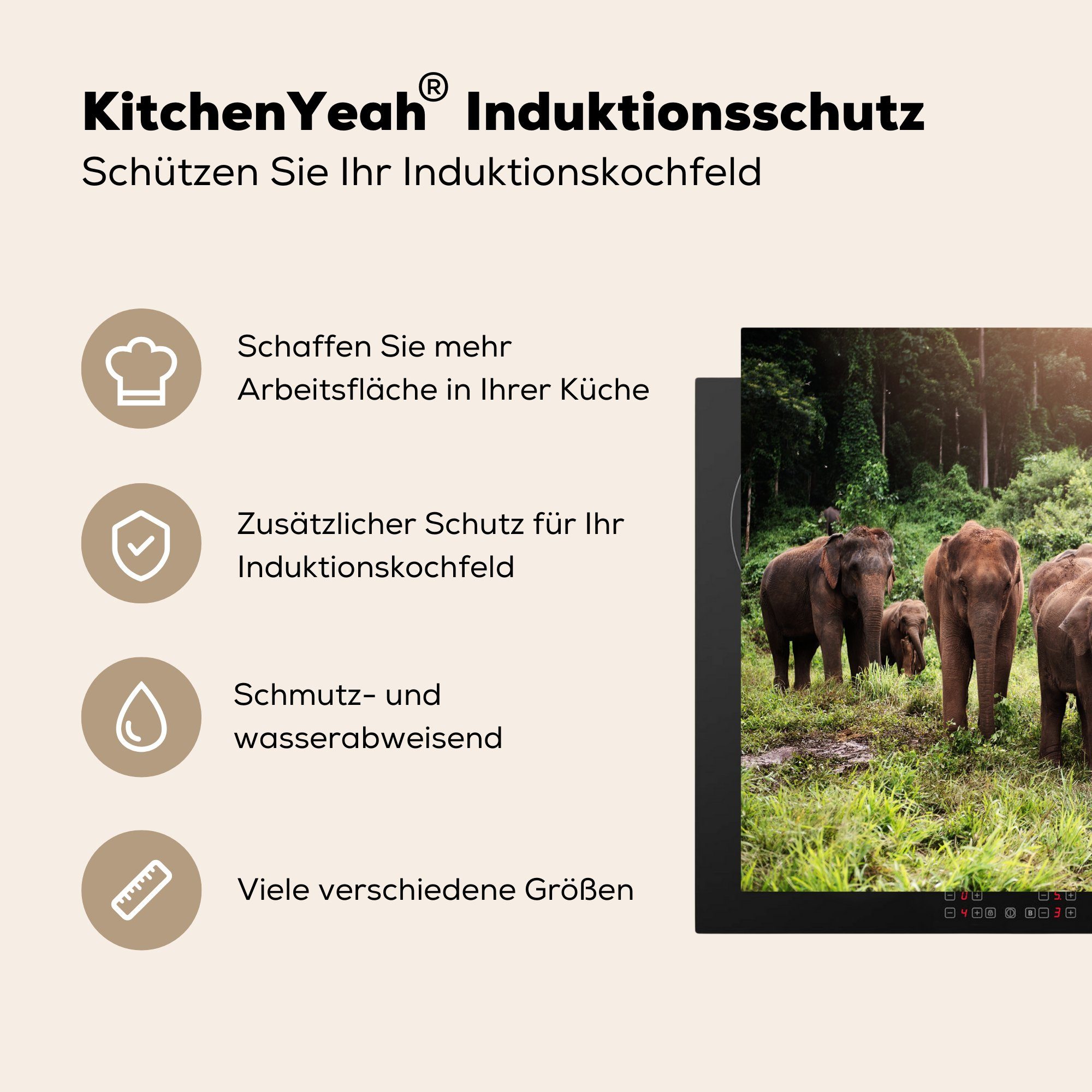 Tiere MuchoWow Grün, cm, Vinyl, für - (1 tlg), Elefant - küche, Ceranfeldabdeckung 59x52 - Herdblende-/Abdeckplatte die Wald Induktionsmatte Gras -