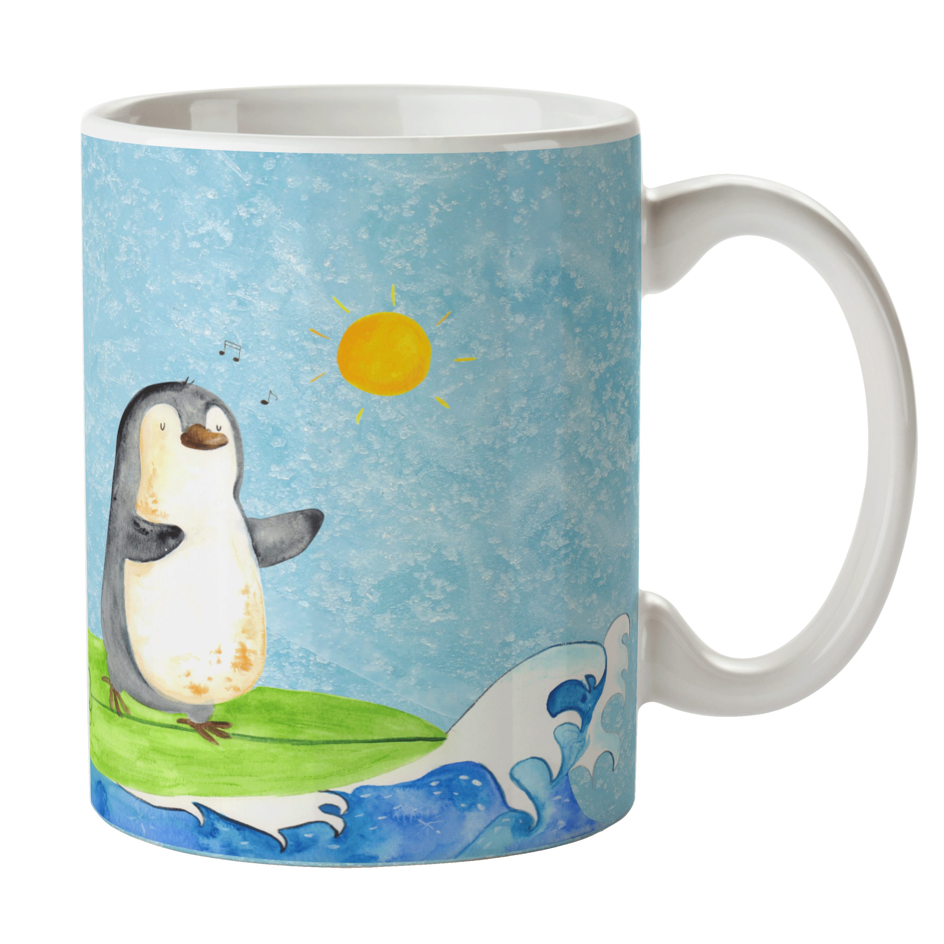 Mr. & Mrs. Panda Tasse Pinguin Surfer - Eisblau - Geschenk, Wellen reiten, Wellen, Tasse Spr, Keramik