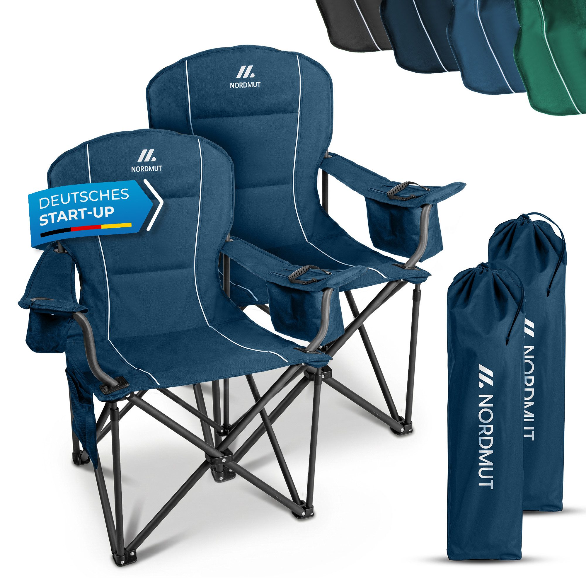 Nordmut Campingstuhl Klappstuhl faltbar, Outdoor Strand Angeln Garten, 200 kg, Armlehne (Spar-Set, 2 St), Kühltasche, Getränkehalter, breite Sitzfläche, gepolstert, wetterfest
