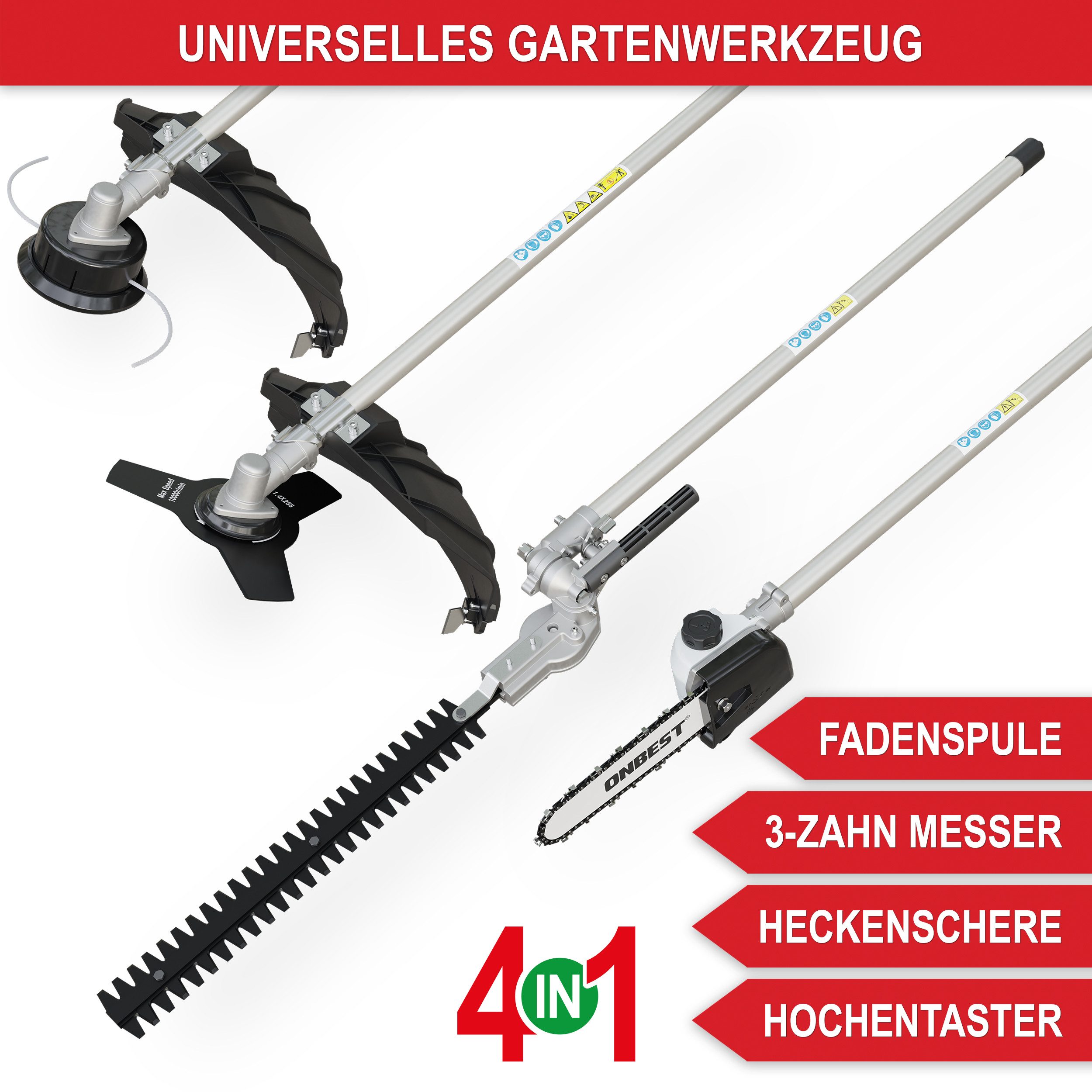 Onbest Benzin-Motorsense MT1452 Multitool 4in1, 25,5 cm Arbeitsbreite Messer, 45 cm Arbeitsbreite Faden, 52 cm³, 9200 U/min, 1,2 Liter, Tragegurt