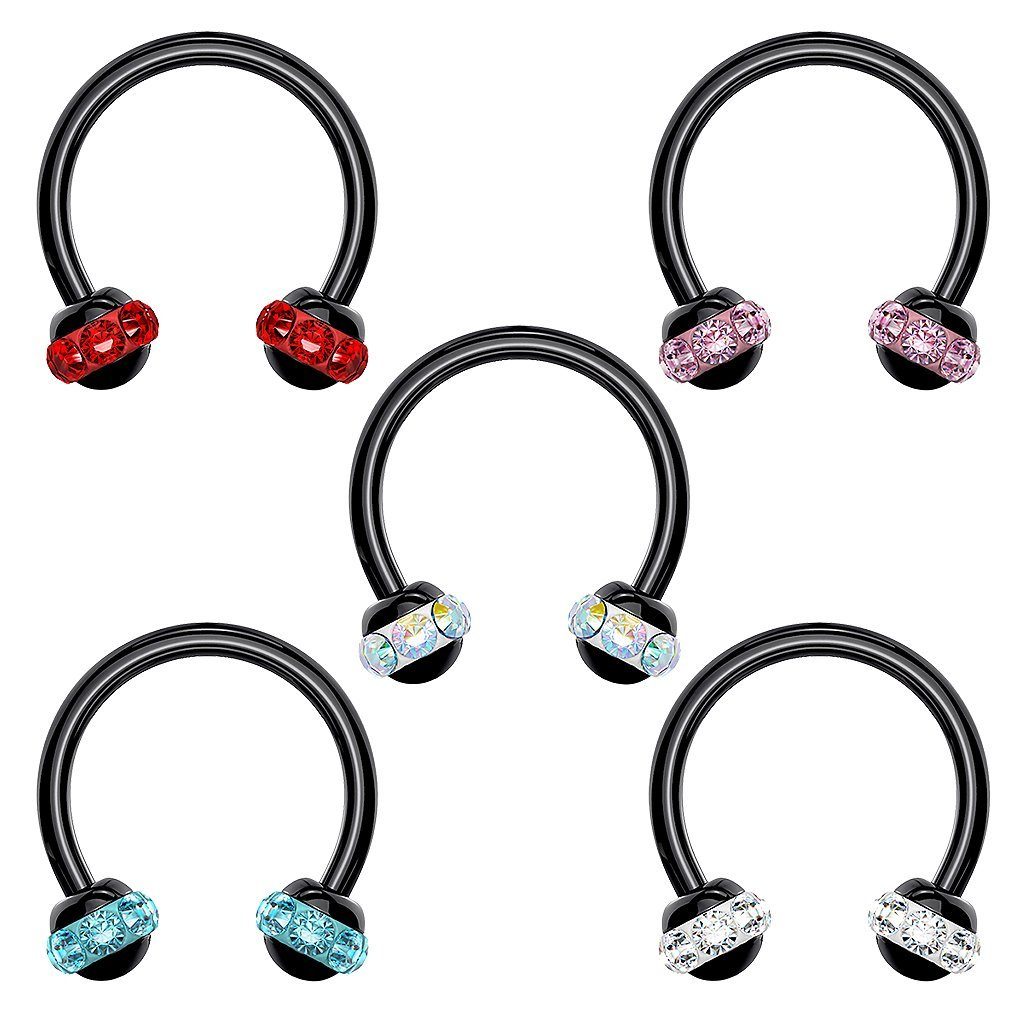 Taffstyle Piercing-Set Lippen Nase Schwarz Hufeisen Multi Kristall Kugeln, Piercing Glitzer Kugel Ohr Horseshoe Tragus Helix Labret Nasenpiercing