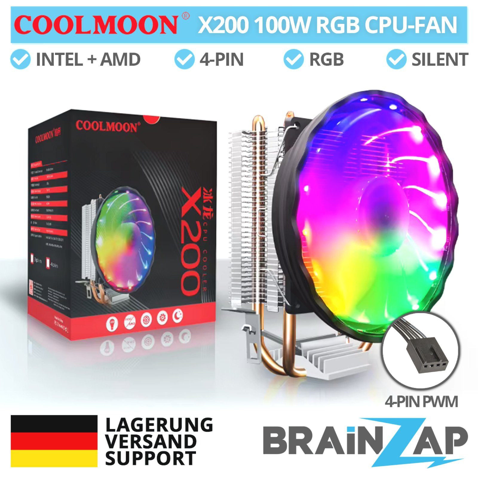 BRAINZAP CPU Kühler RGB CPU-Kühler 100W TDP, Luftkühlung, RGB-Beleuchtung, 100W TDP, PWM, Aluminium, 4-Pin